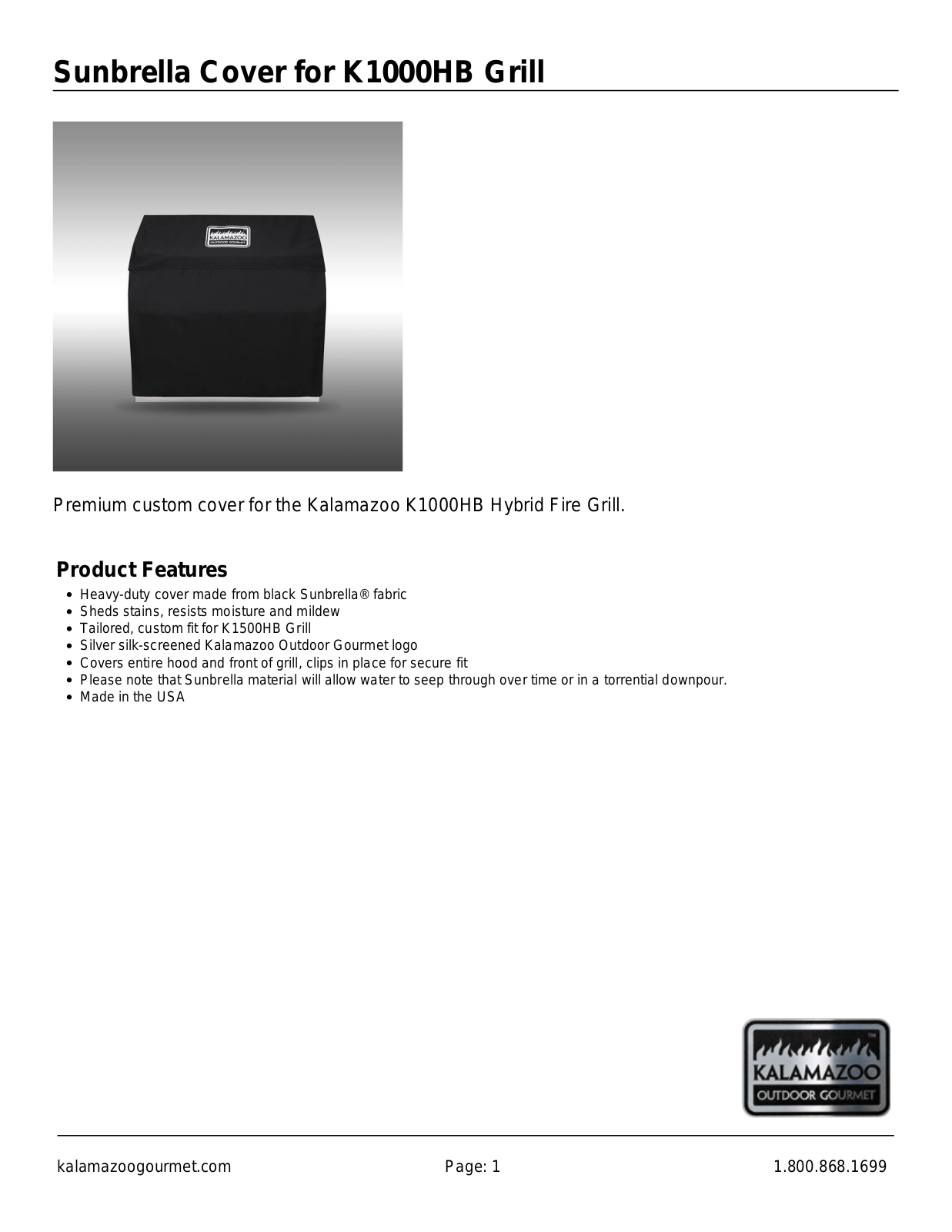 Kalamazoo Outdoor Gourmet AC-GJ-1000HB Specifications Sheet