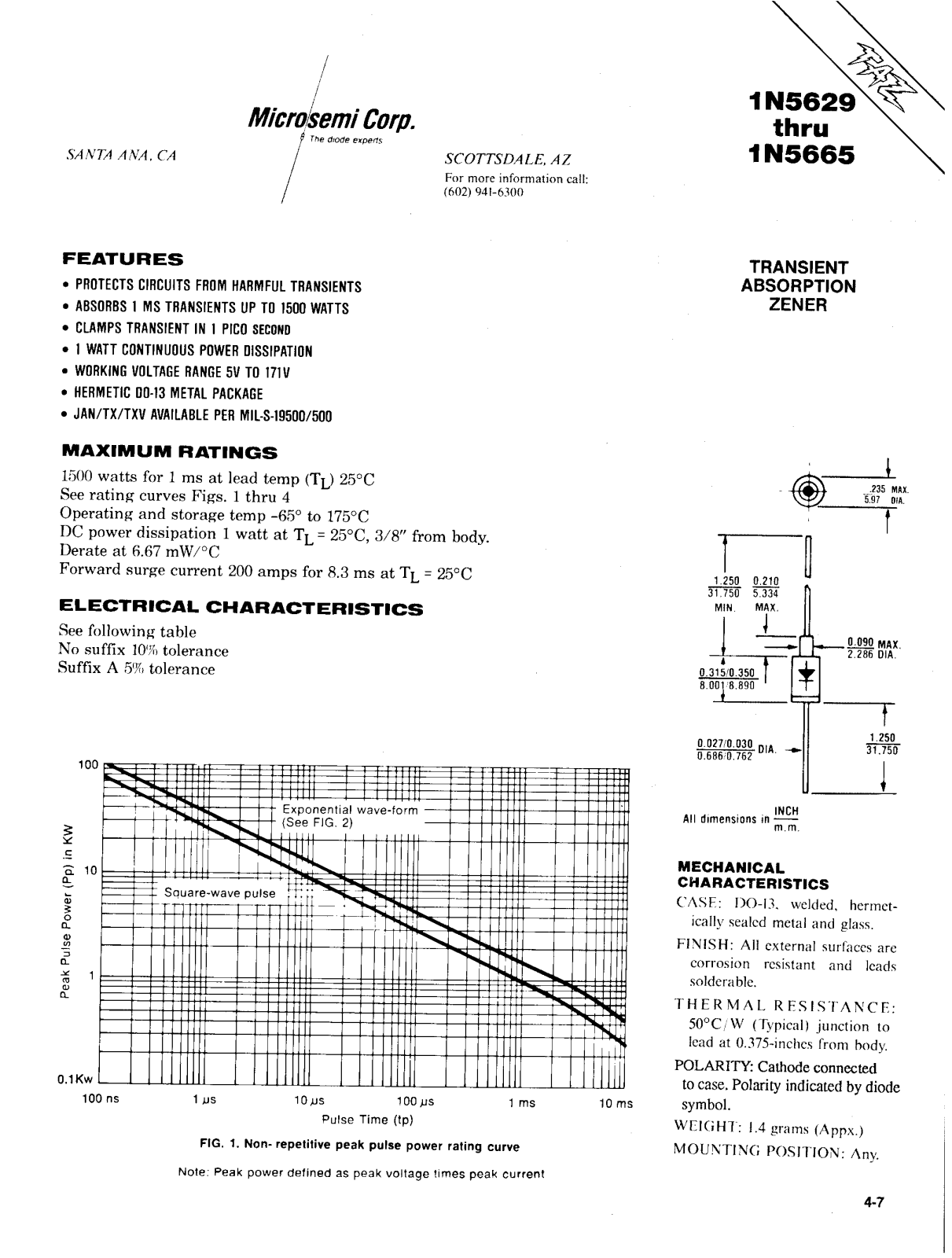 Microsemi Corporation 1N5665A, 1N5665, 1N5664A, 1N5664, 1N5663A Datasheet