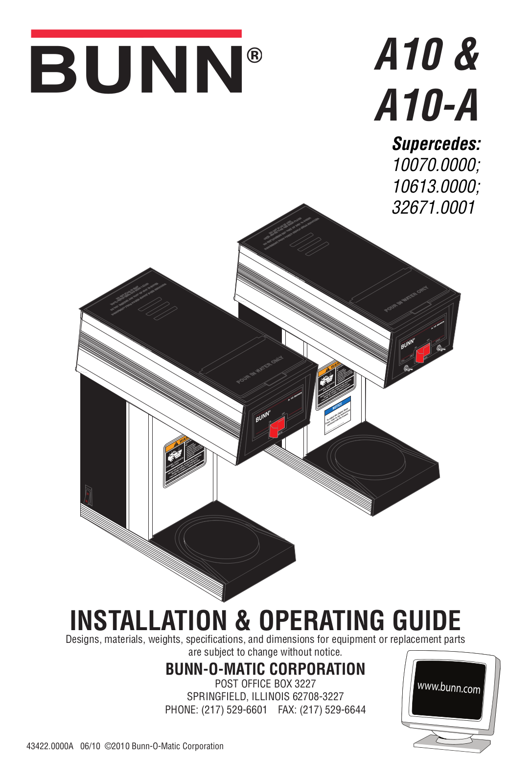 Bunn-O-Matic A10, A10-A Operation Manual