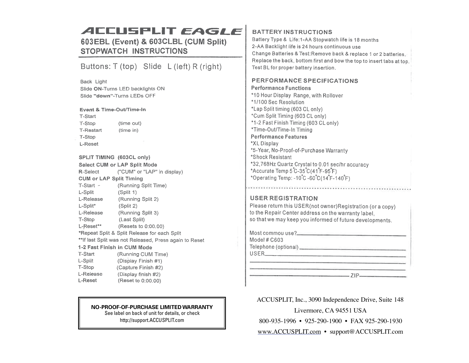 Accusplit AE603CL, 603EBL, AE603CLBL, C603 User Manual