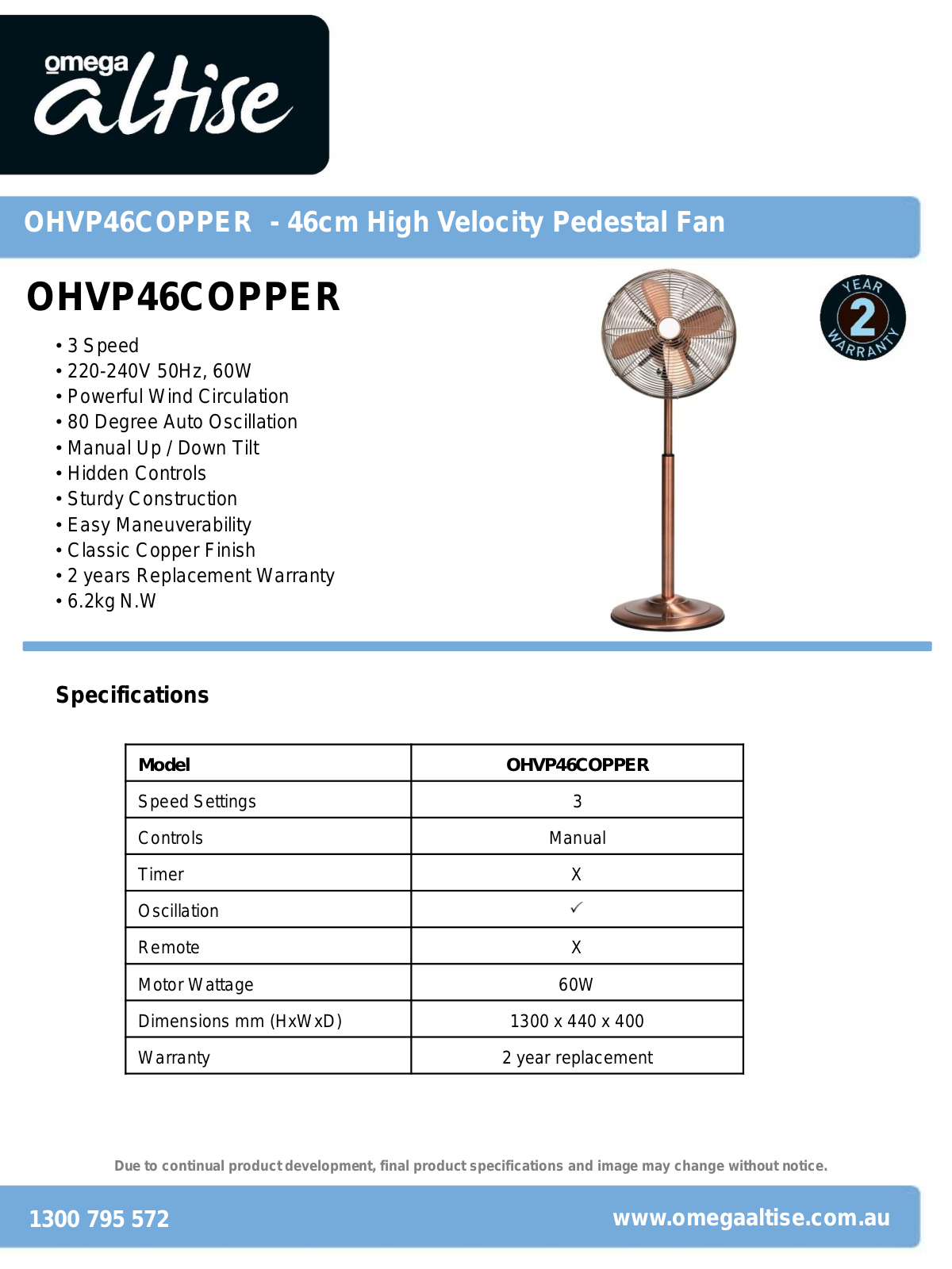 Omega Altise OHVP46COPPER Specifications Sheet