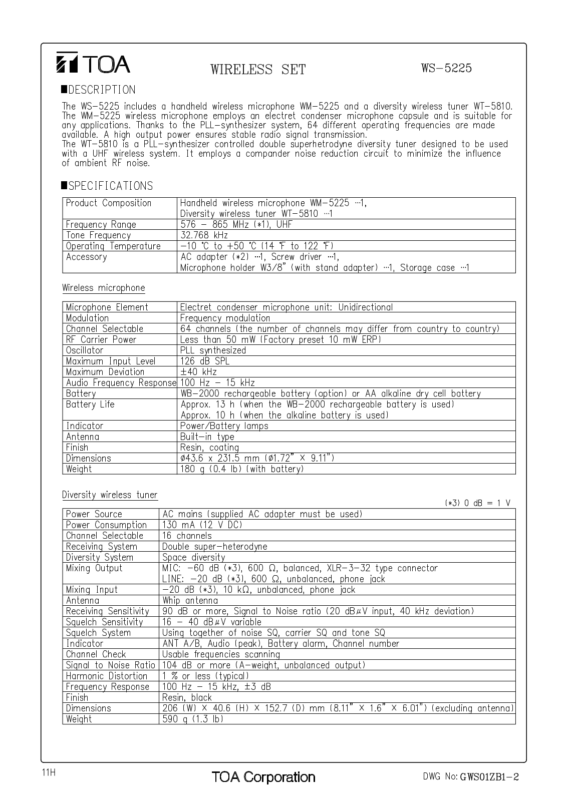 TOA WS-5265-H01US User Manual