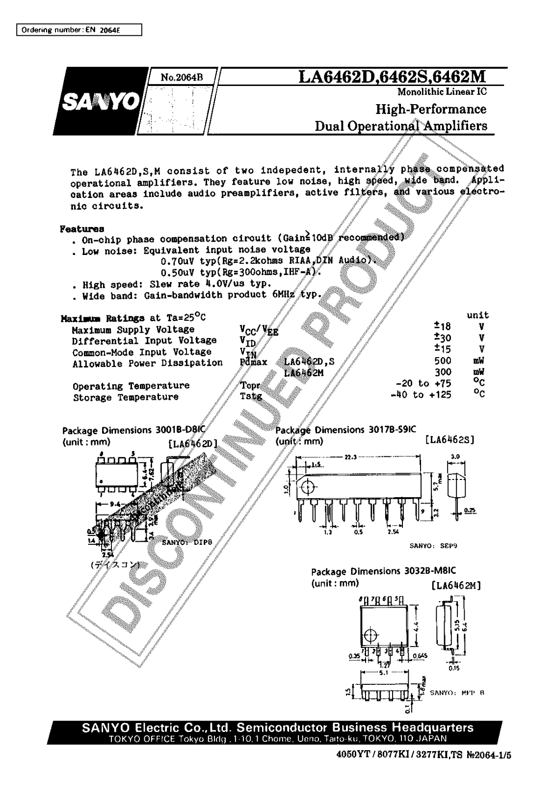 Sanyo LA6462D Specifications