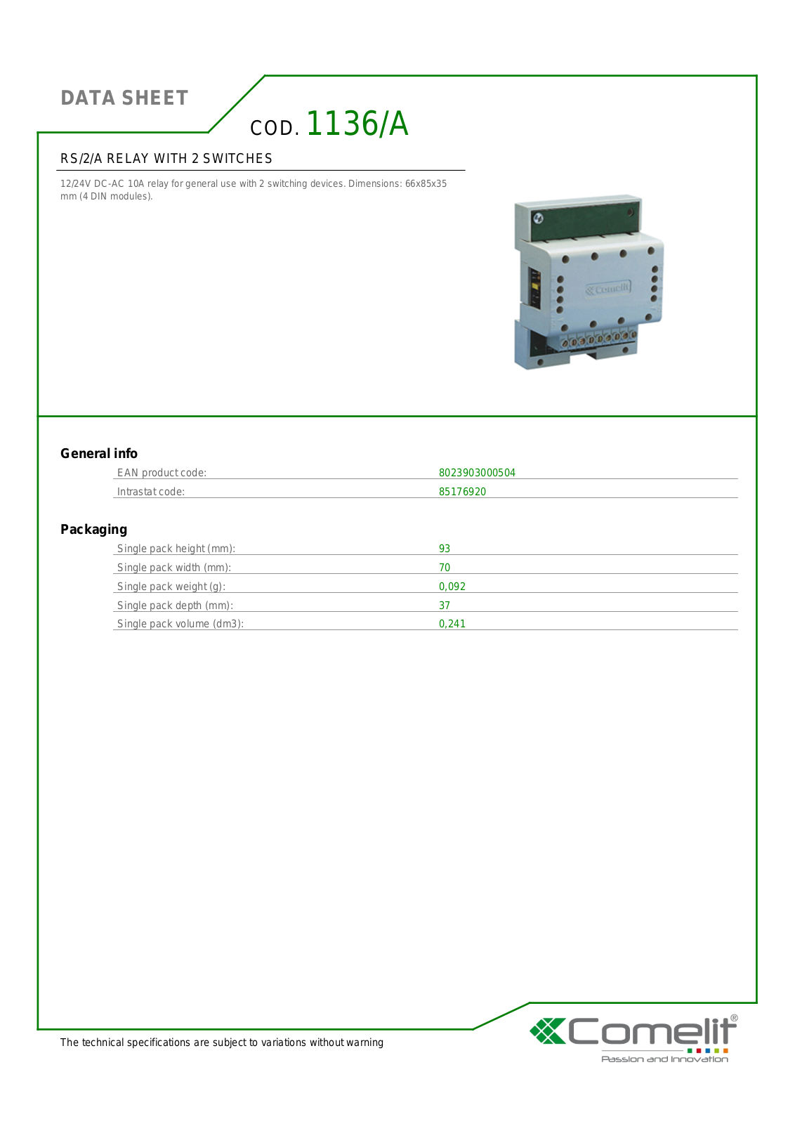 Comelit 1136-A Specsheet