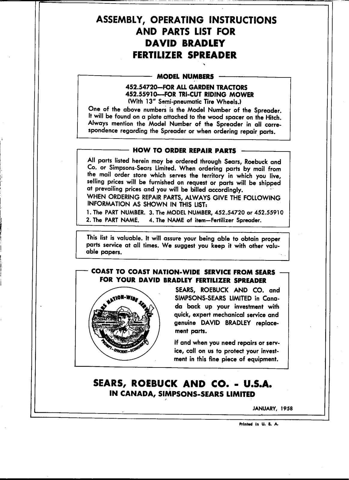 David Bradley 452.54720, 452.55910 Operating Instruction