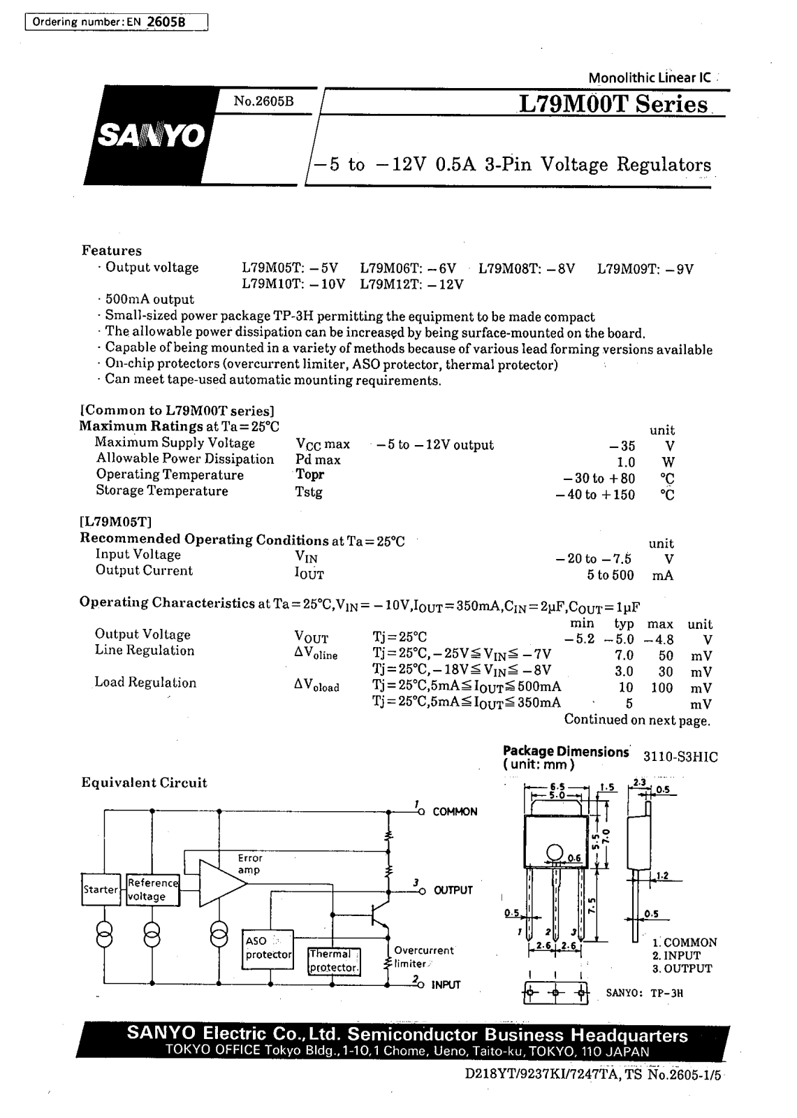 SANYO L79M12T, L79M09T, L79M08T, L79M06T, L79M05T Datasheet