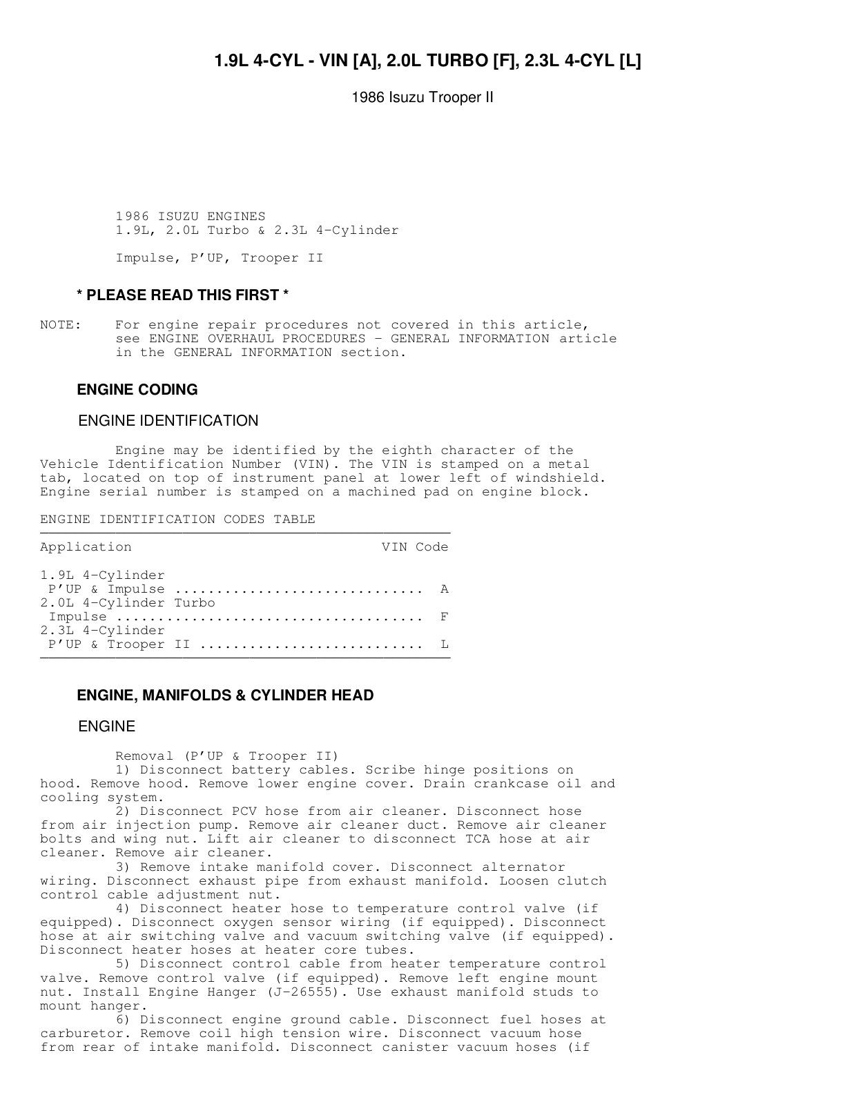 Isuzu Trooper II 1986 User Manual