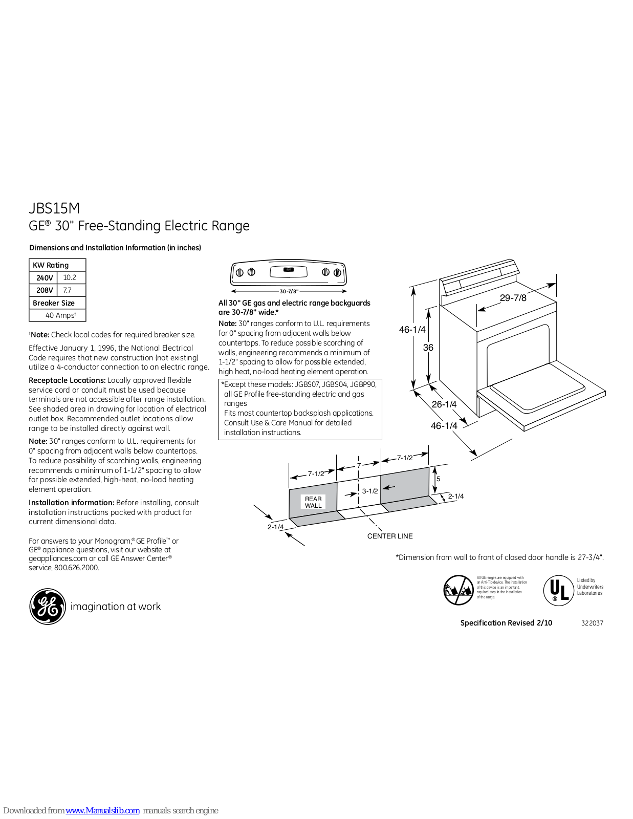 GE QuickClean JBS15M, JBS15MWW, JBS15MCC, JBS15MBB Dimensions And Installation Information