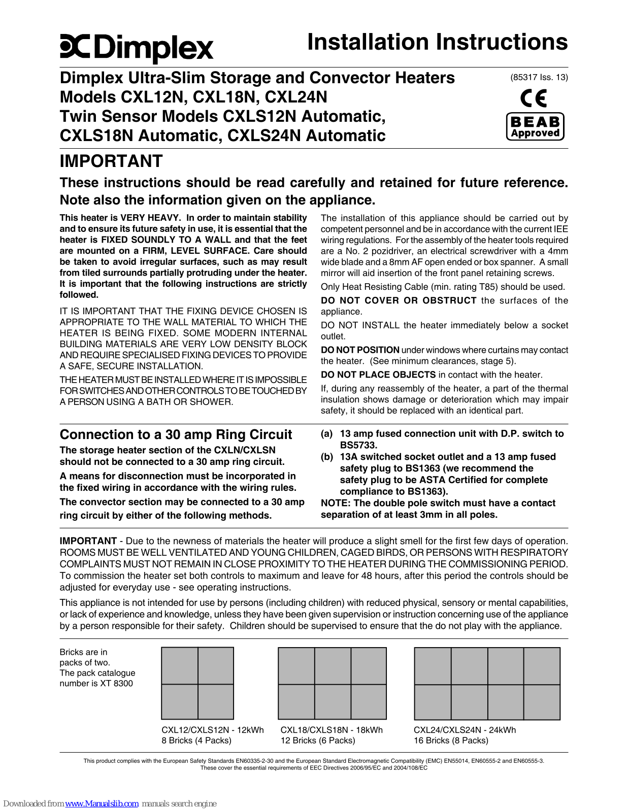 Dimplex CXL18N, CXLS18N, CXLS12N, CXL24N, CXLS24N Installation Instructions Manual