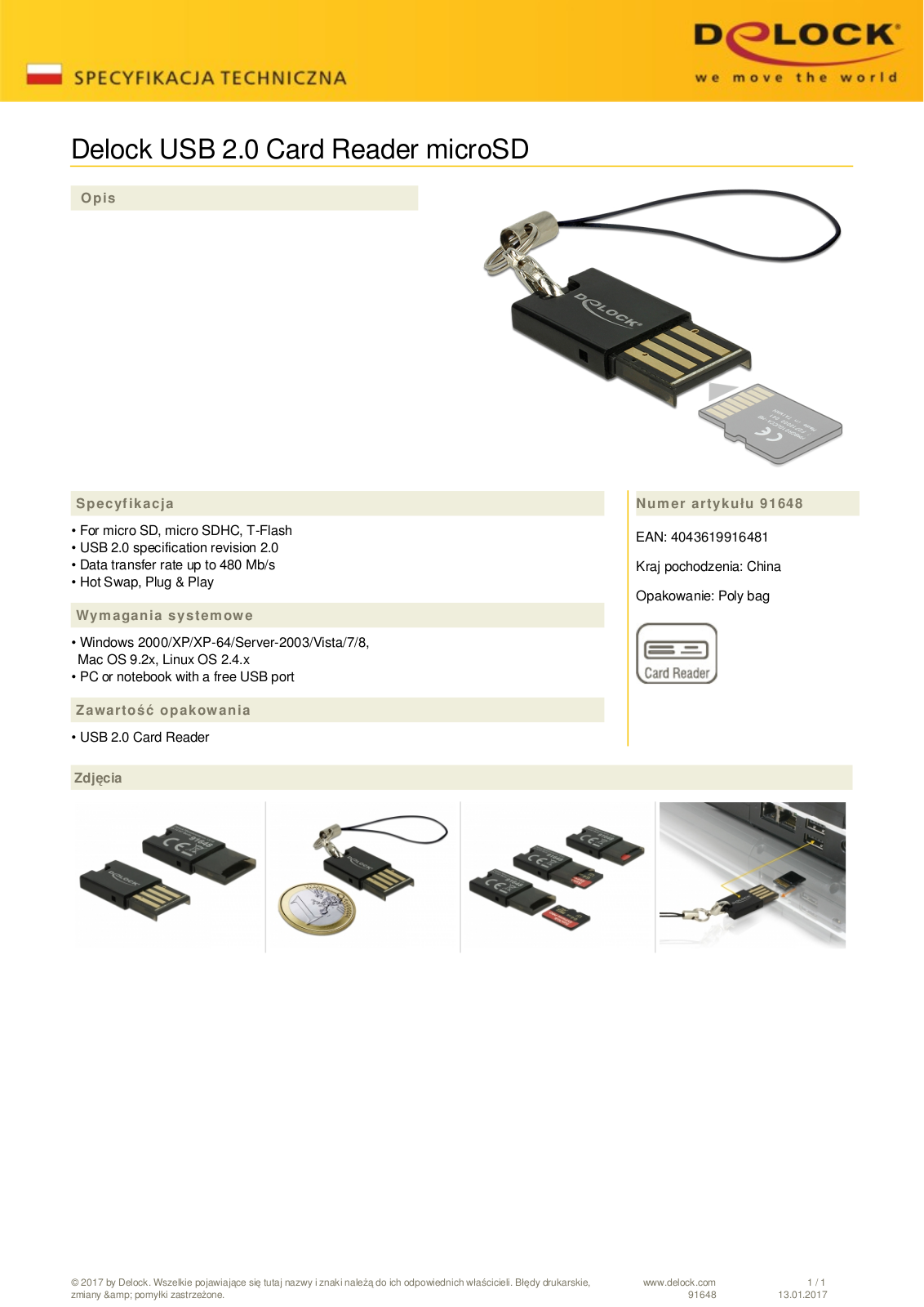 DeLOCK microSD-Card Readers, USB-A 2.0 [plug] User Manual