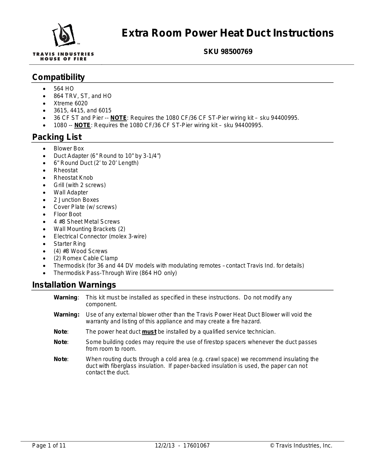 Avalon Firestyles Extra Room Power Heat Duct User Manual