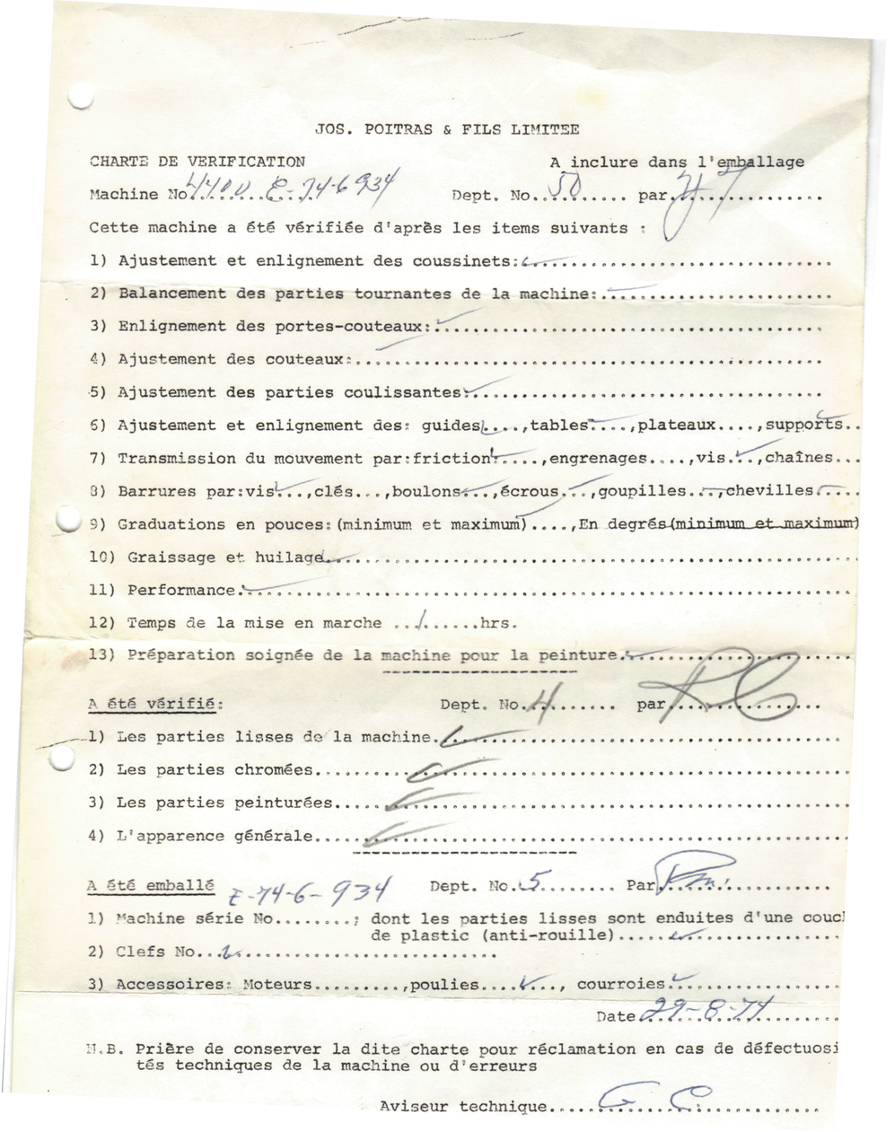 Jos Poitras & Sons Factory checklist Other - ManualMachine.com