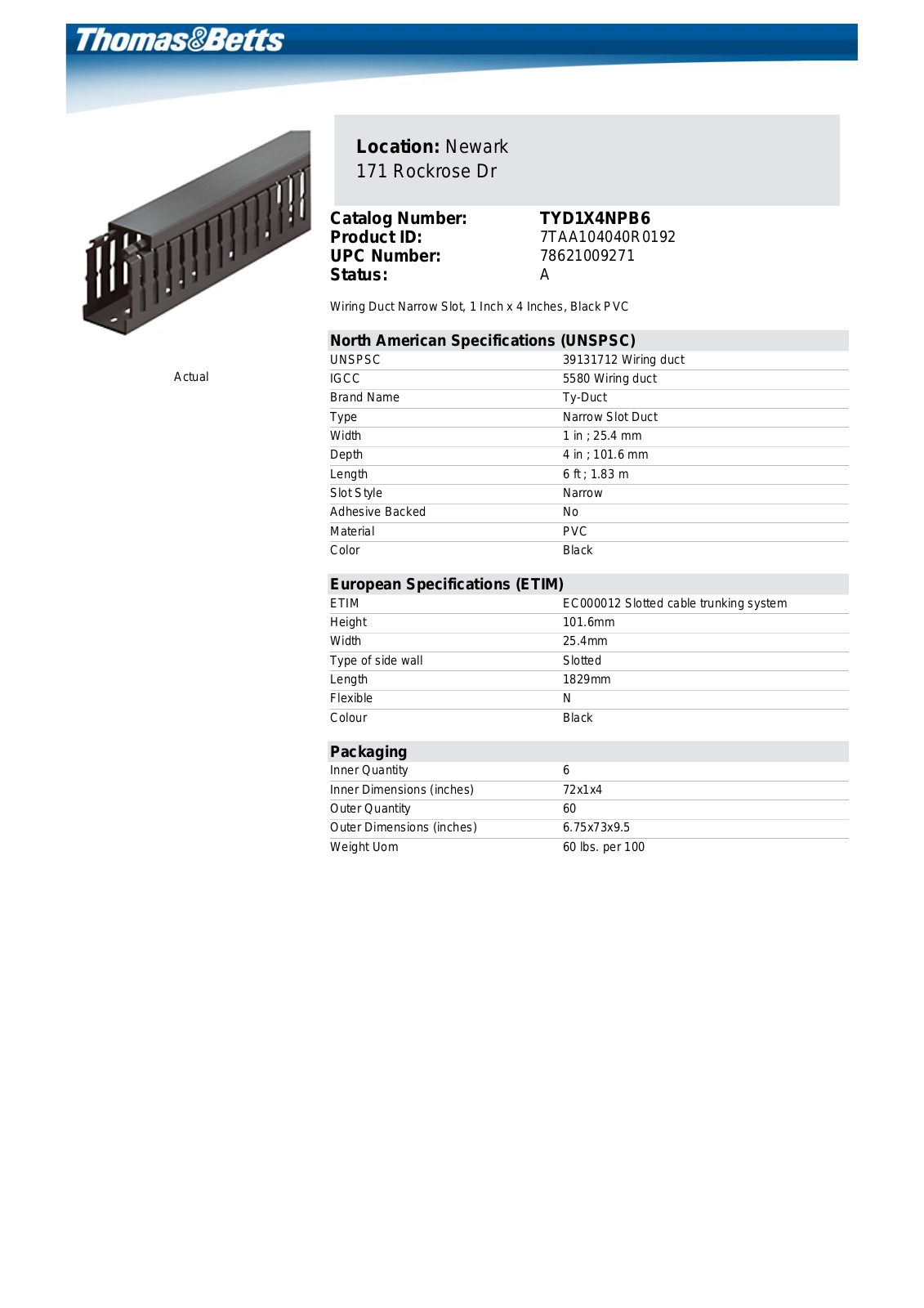 Thomas & Betts TYD1X4NPB6 Data Sheet