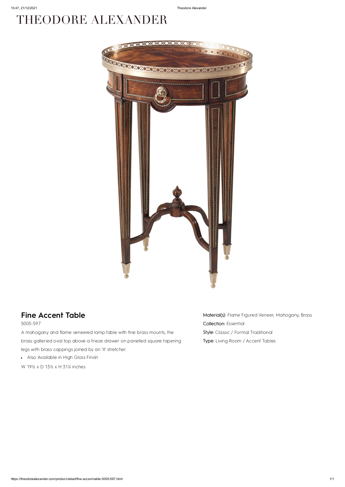 Theodore Alexander FPLJ1929 Specifications