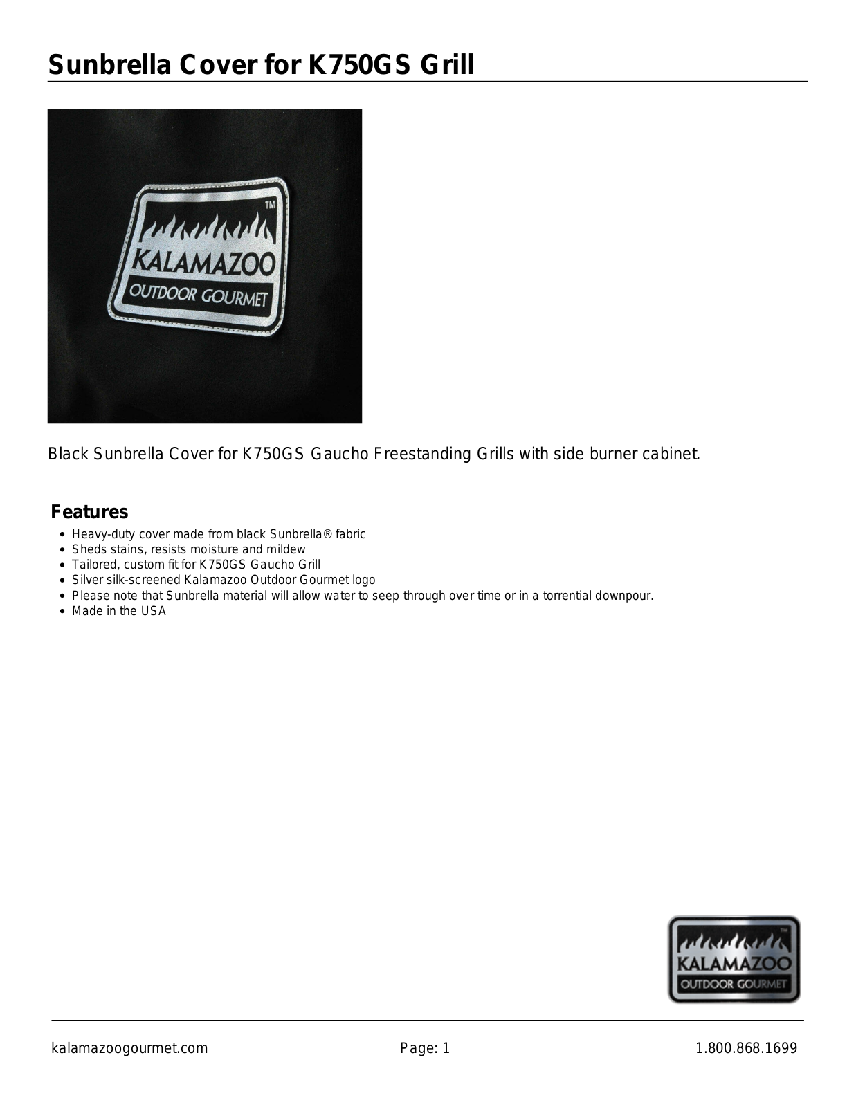 Kalamazoo Outdoor Gourmet AC-GJ-750GS Specifications Sheet