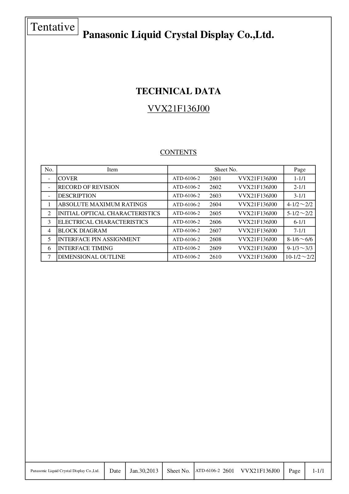 Panasonic VVX21F136J00 Specification