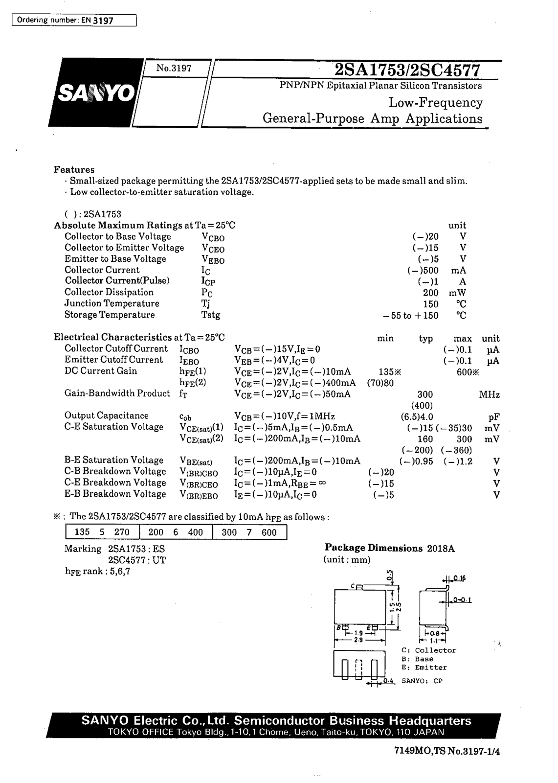 SANYO 2SC4577, 2SA1753 Datasheet