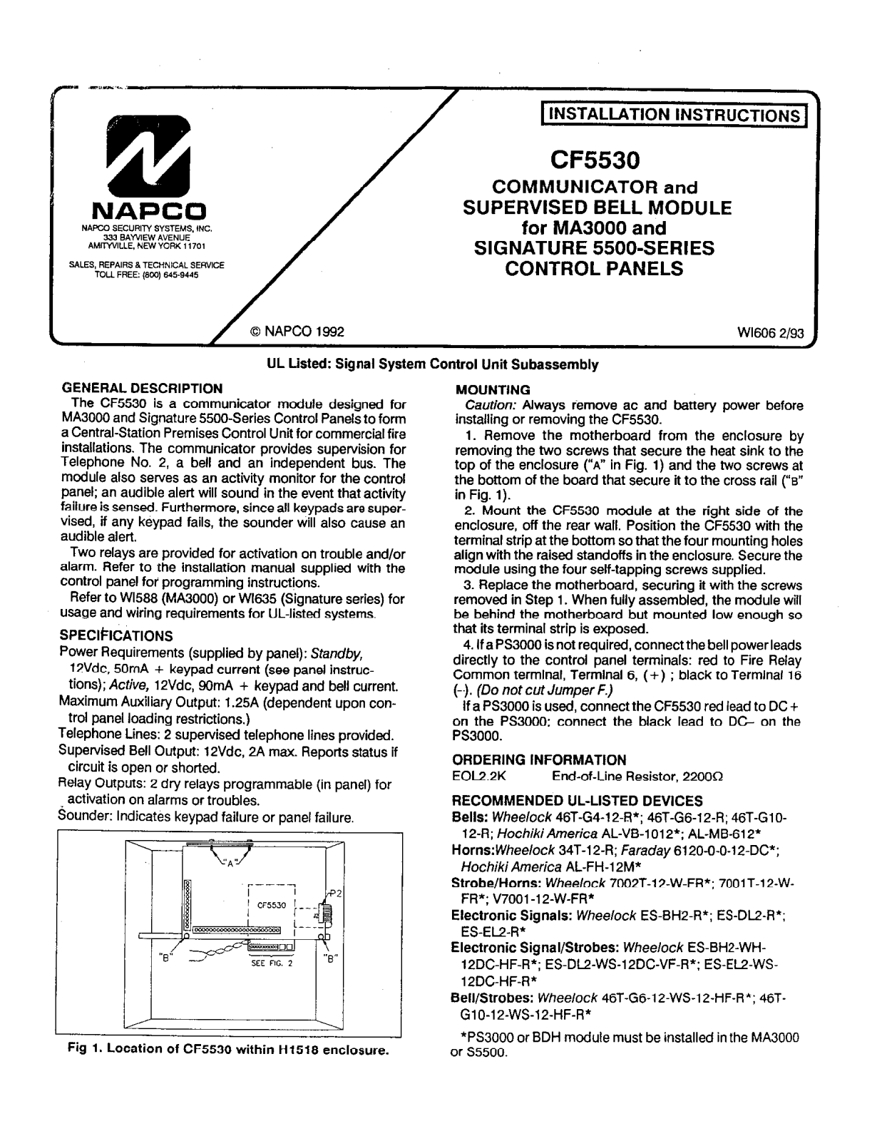 NAPCO CF5530 Installation Manual