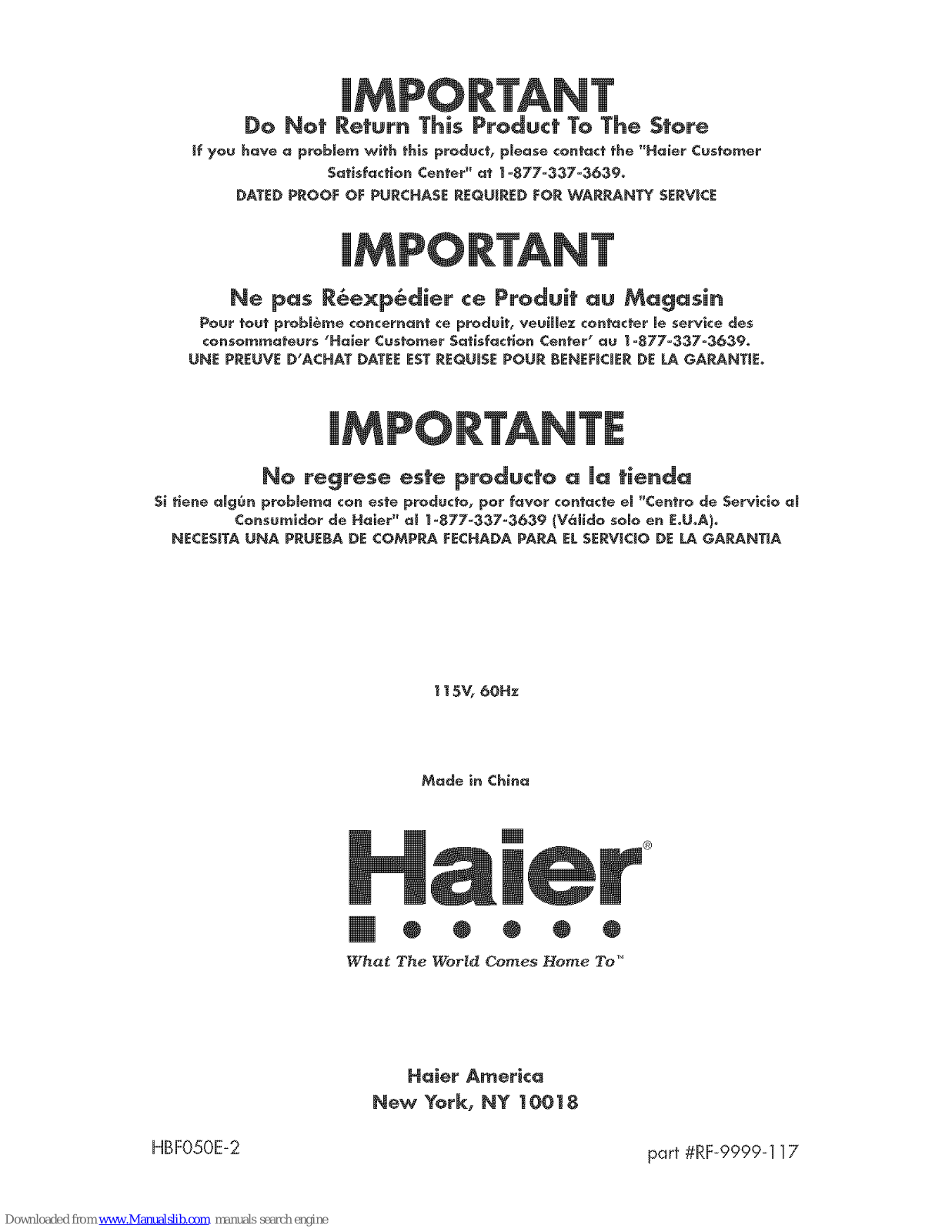 Kenmore Haier HBF05E, BrewMaster HBF05E Installation Instructions Manual - ManualMachine.com