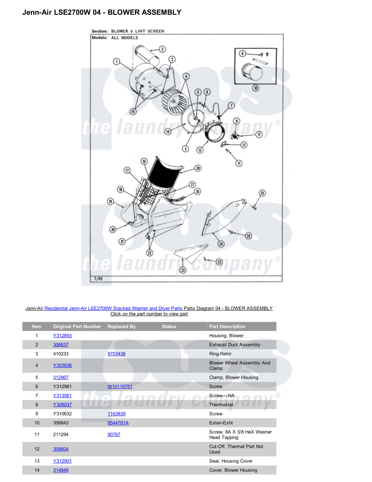 Jenn-Air LSE2700W Stacked and Parts Diagram