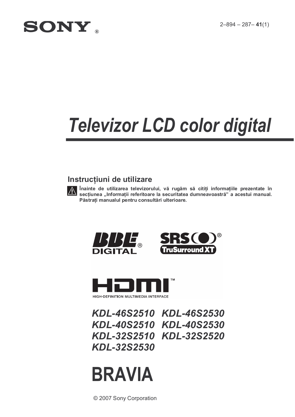 Sony KDL-46S2530, KDL-32S2530 User Manual