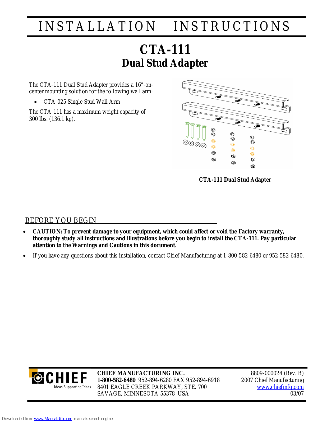 CHIEF Dual Stud Adapter CTA-111 Installation Instructions Manual