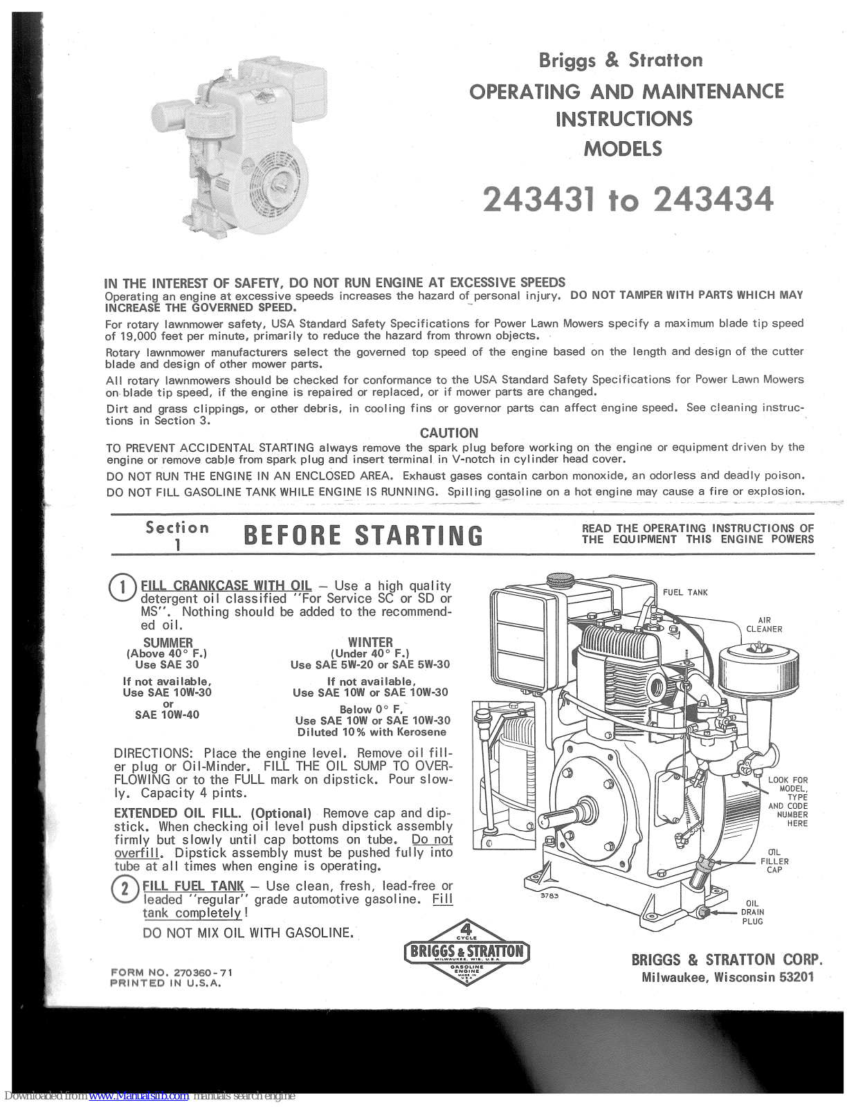 Briggs & Stratton 243431, 243434, 270360-71, 243432, 243433 Operating And Maintenance Instructions Manual