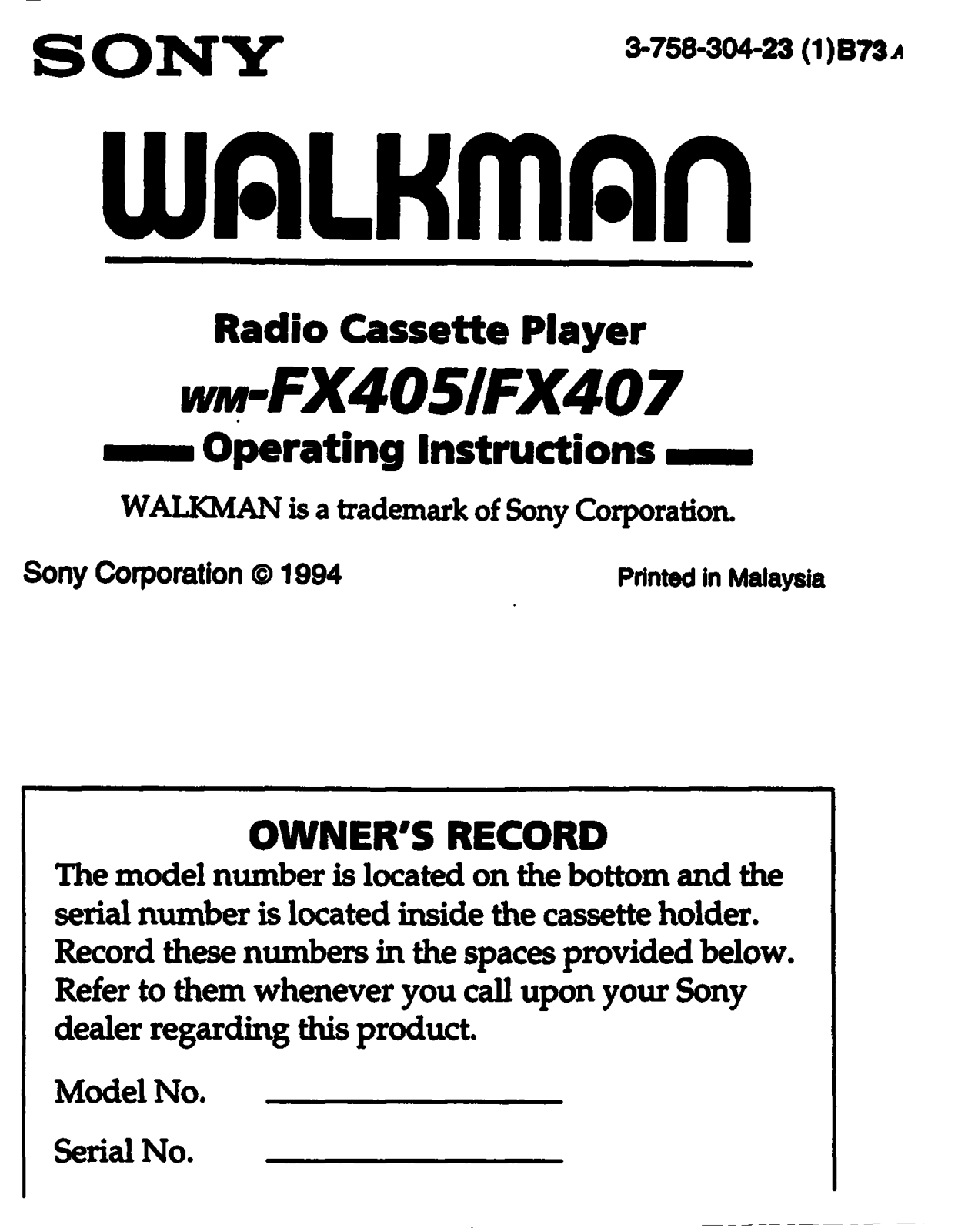 Sony WM-FX405 User Manual