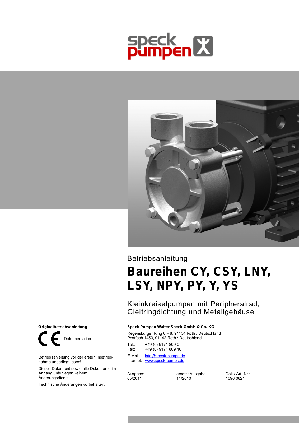 Speck pumpen LSY-2841, Y-2951, Y-2041, Y-2051, YS-2051 Operating Instructions Manual