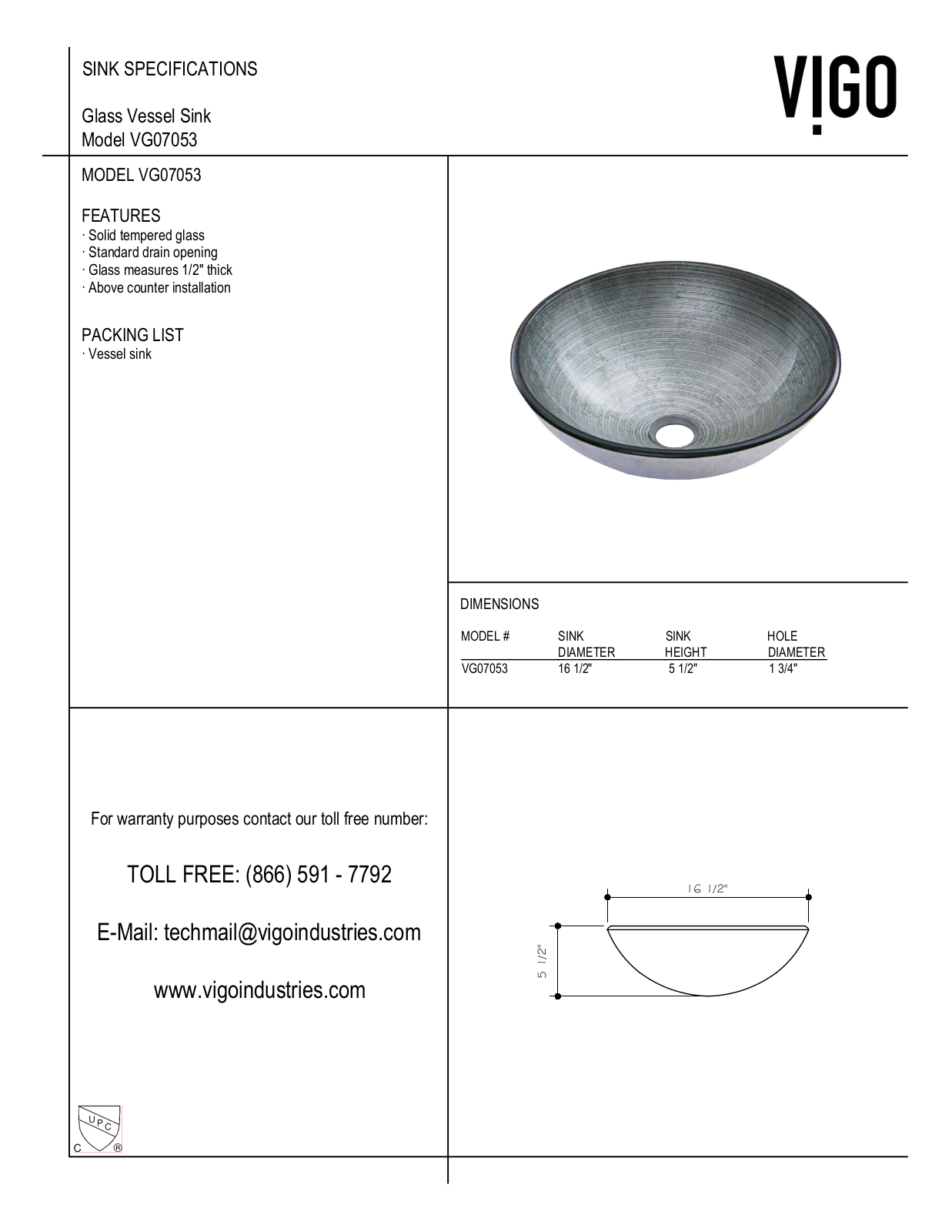 Vigo VG07053 Specifications