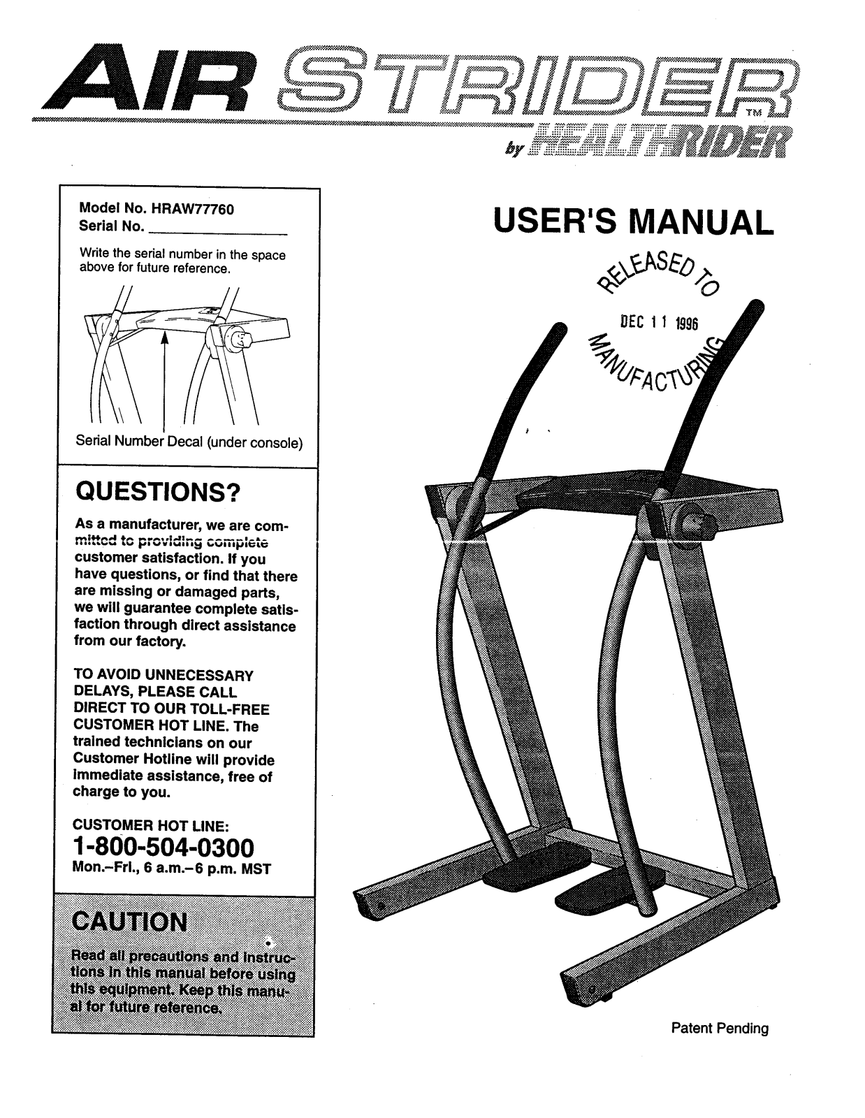 HealthRider HRAW77760 Owner's Manual