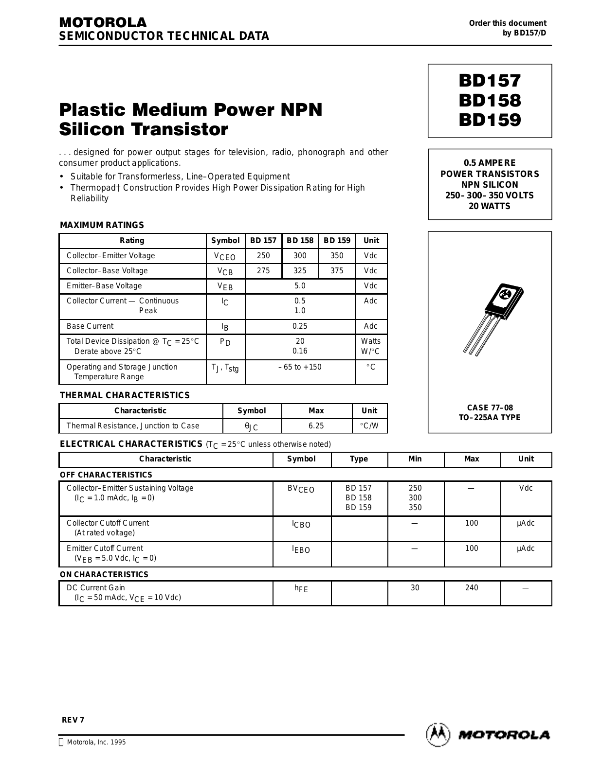 Motorola BD159, BD158, BD157 Datasheet