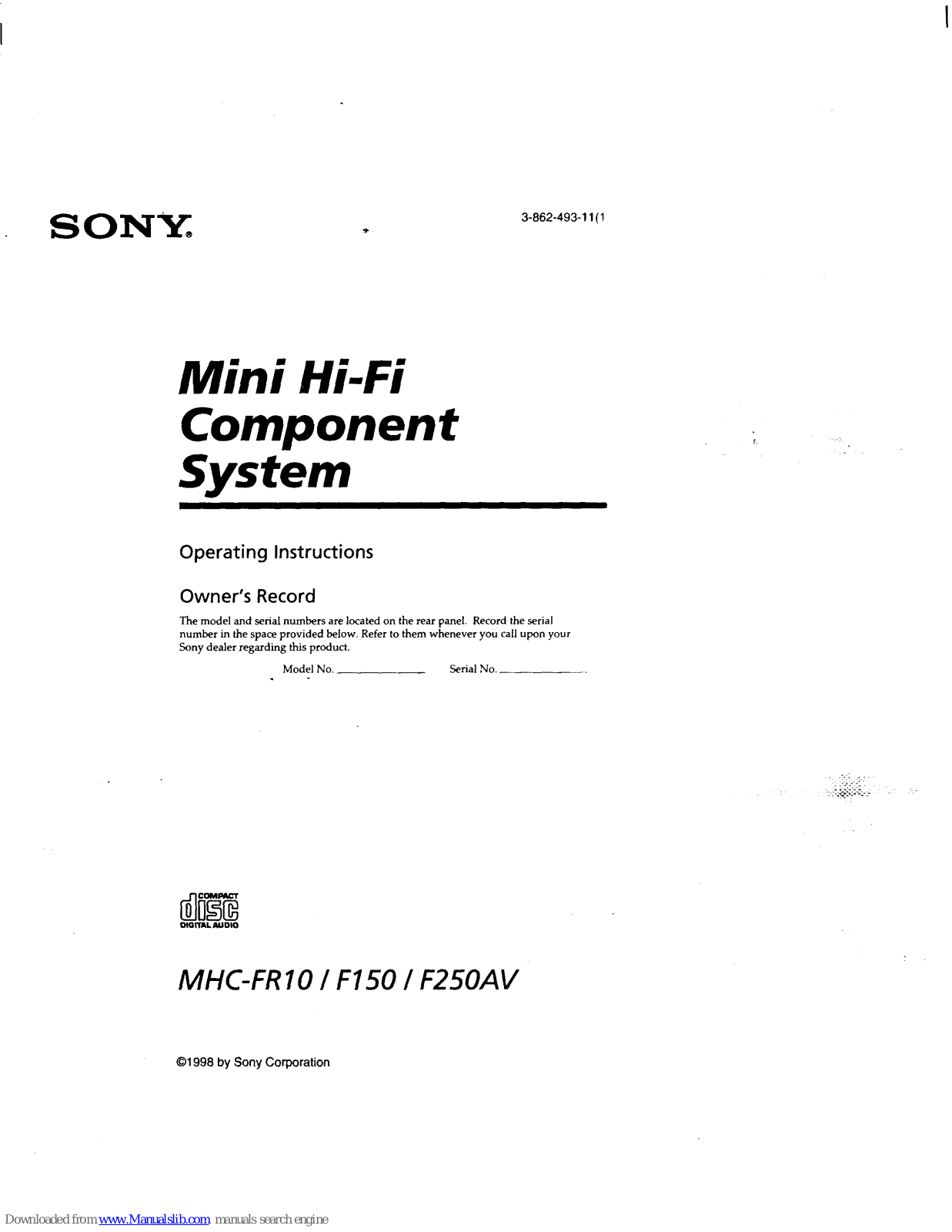 Sony MHC-F250AV, HCD-F250AV - Compact Disc Receiver System, MHC-FR10 Operating Instructions Manual