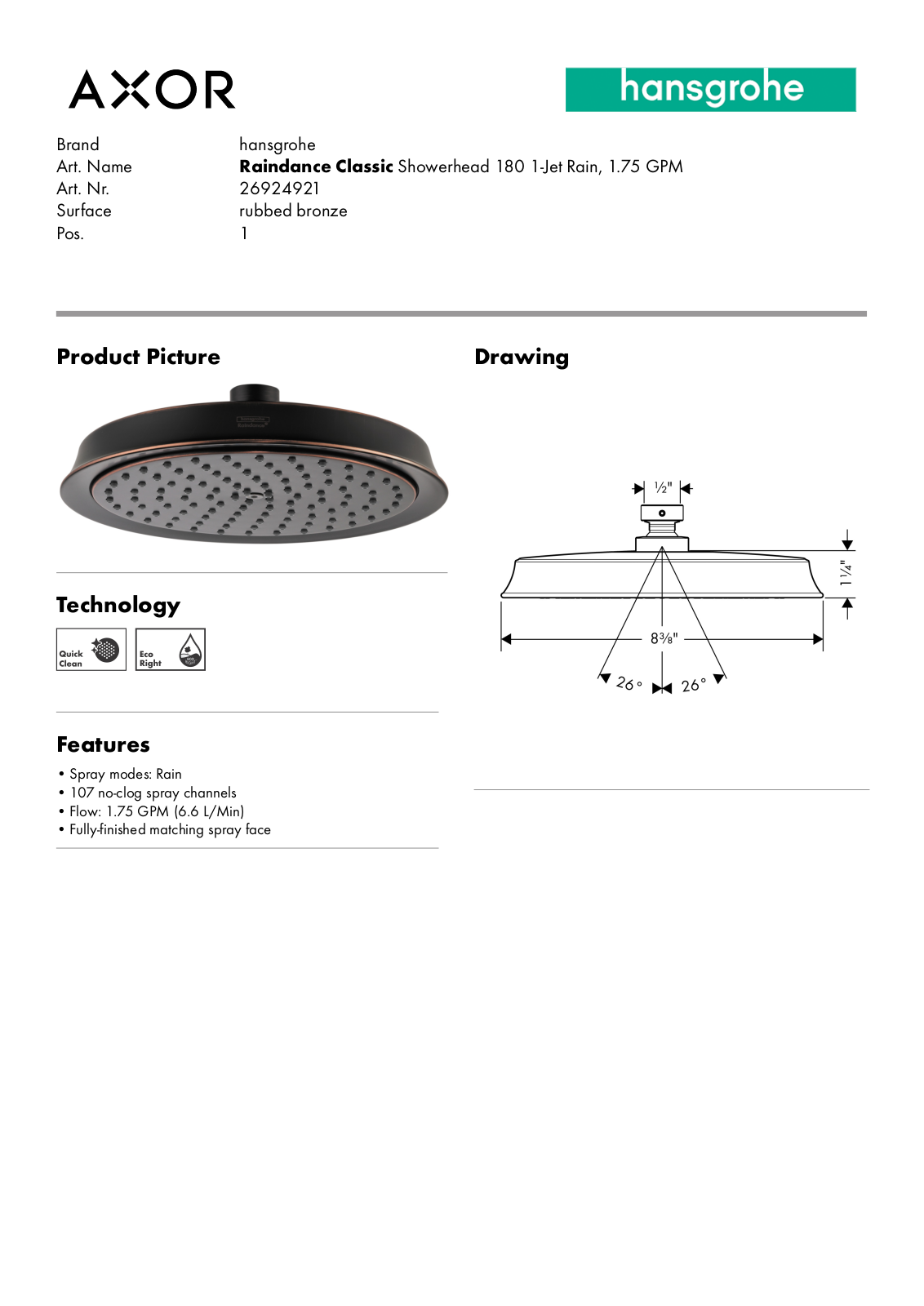 Hansgrohe GCDC1816 Specifications - ManualMachine.com