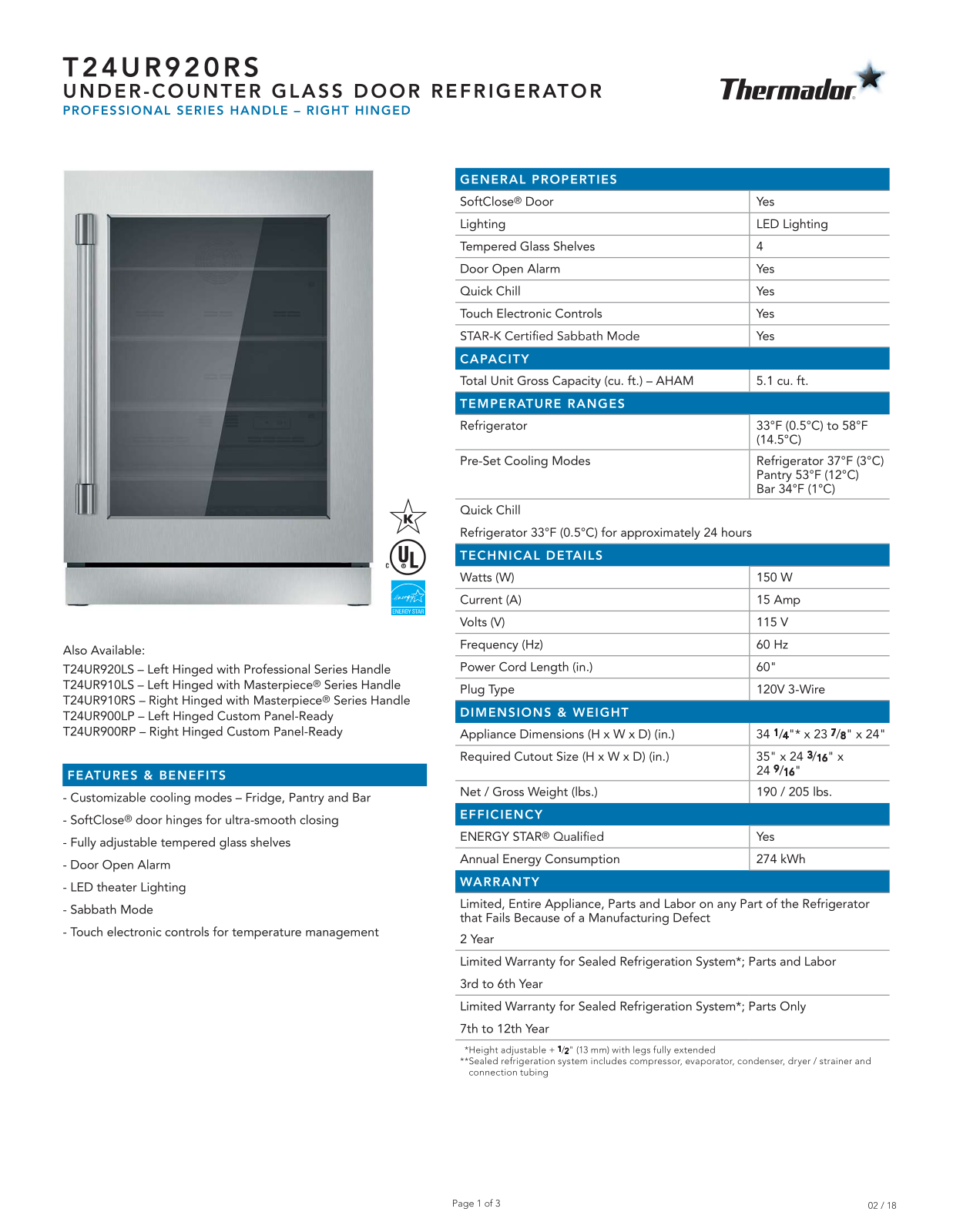 Thermador T24UR920RS Specification Sheet