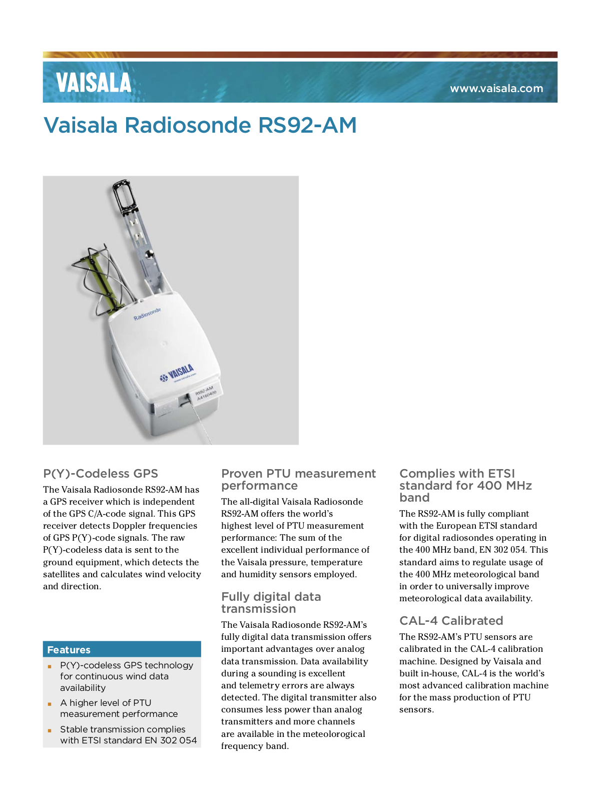 Vaisala RS92-AM Technical data