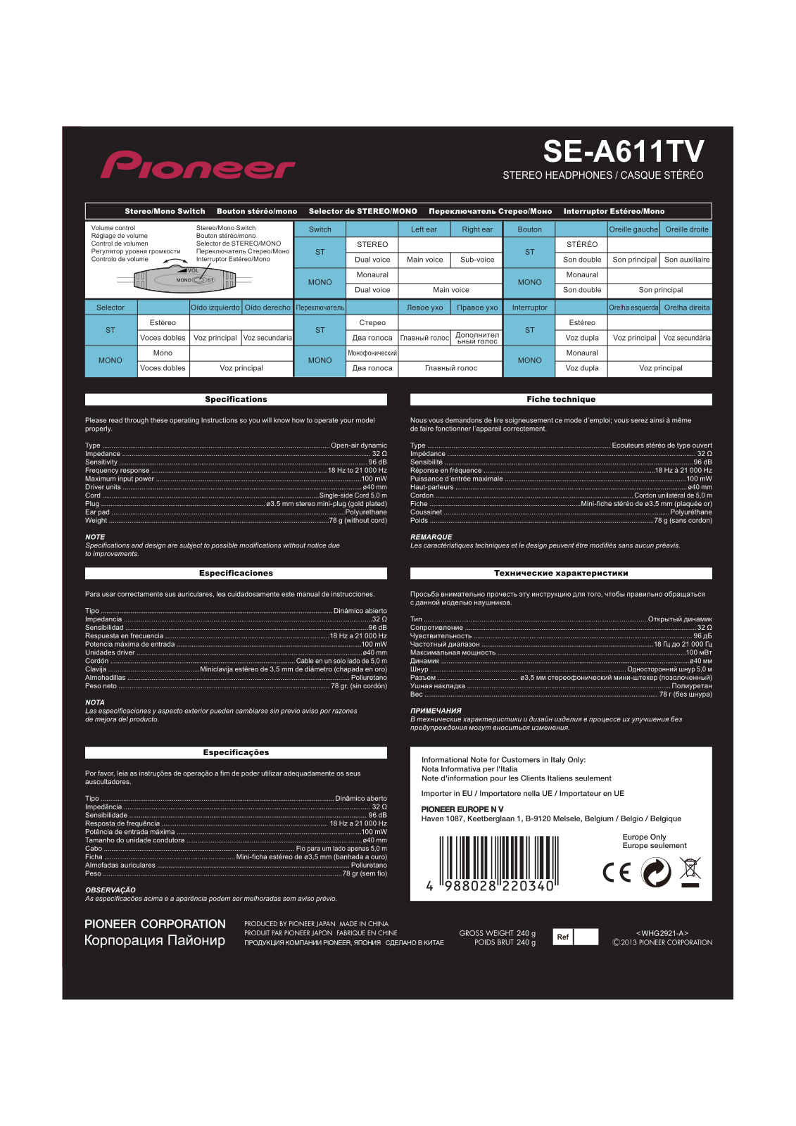 Pioneer SE-A611TV User manual