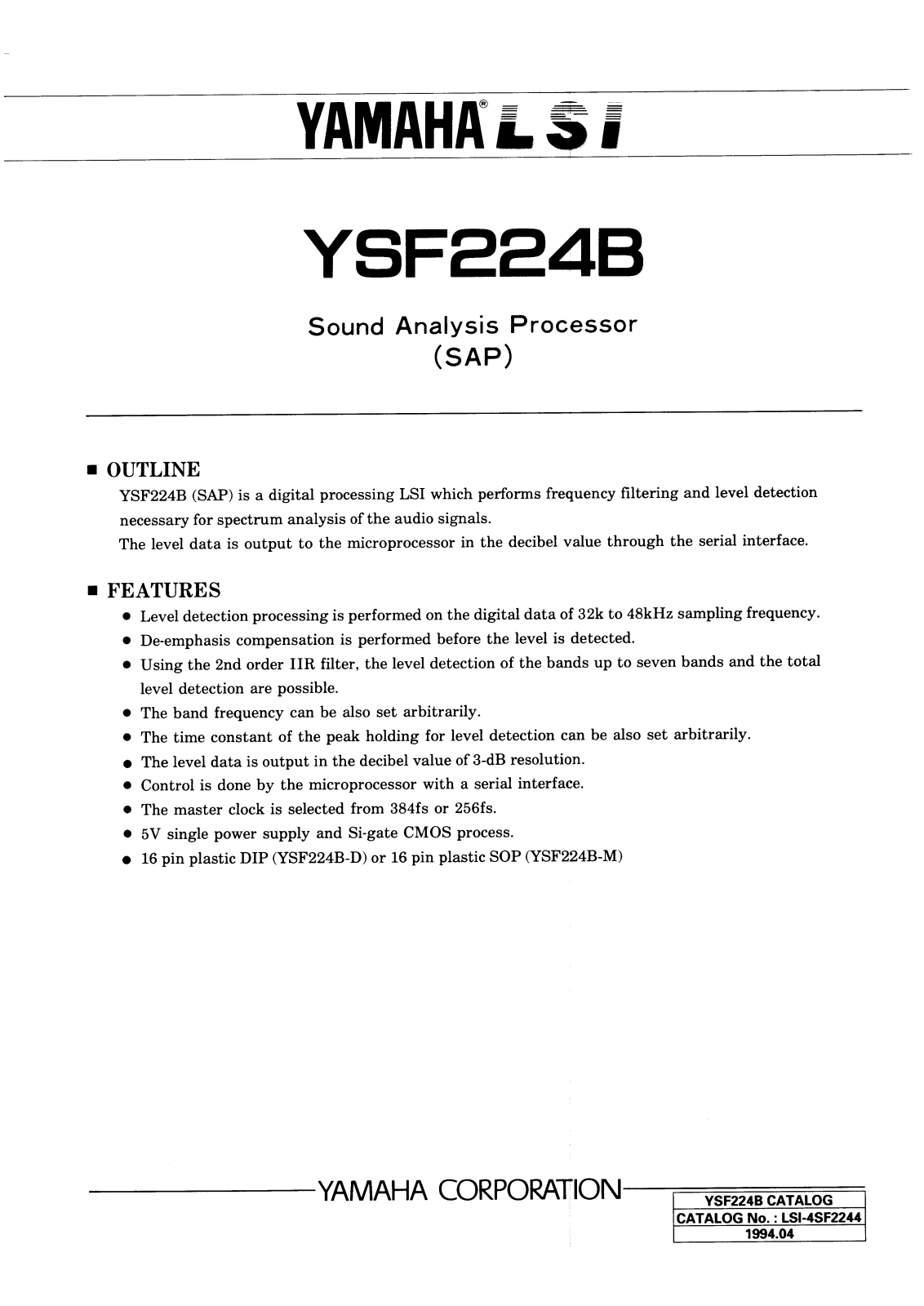 YAMAHA YSF224B-D, YSF224B-M Datasheet