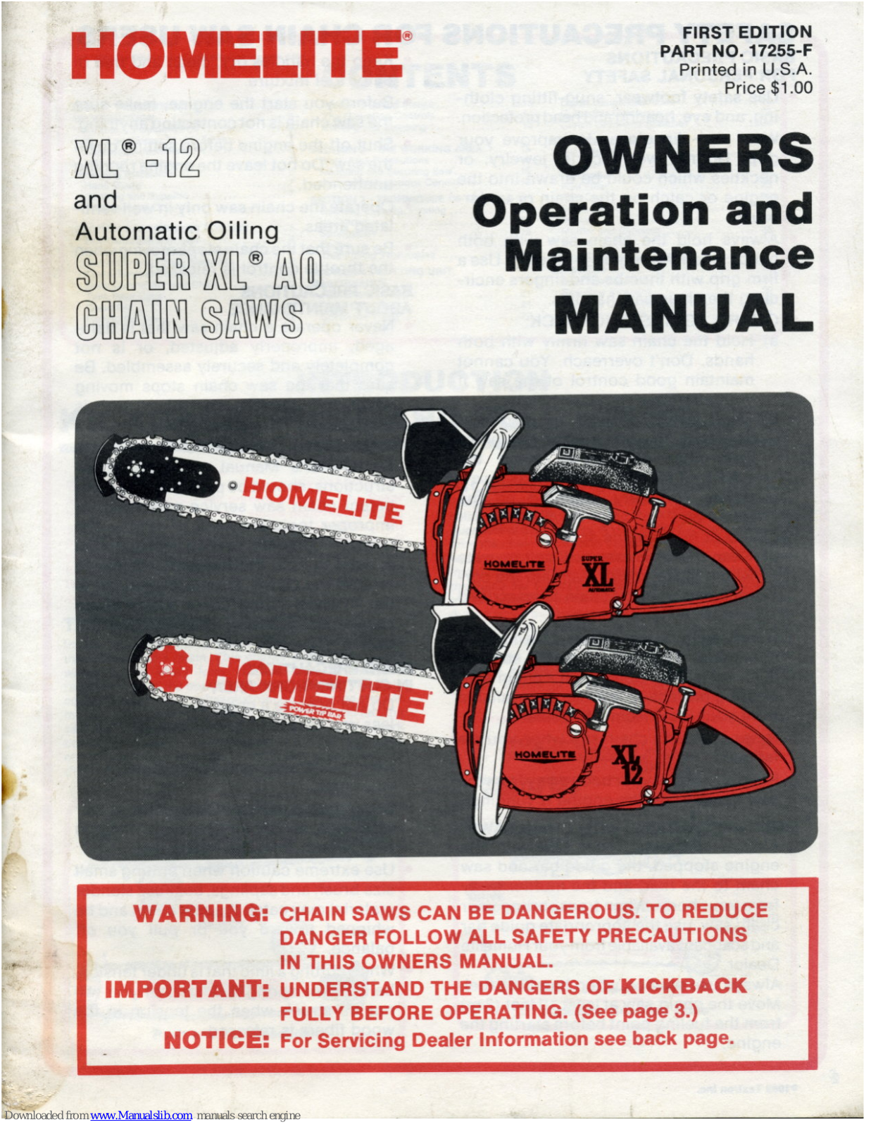 Homelite XL12, Super XL AO Owner's Operation And Maintenance Manual