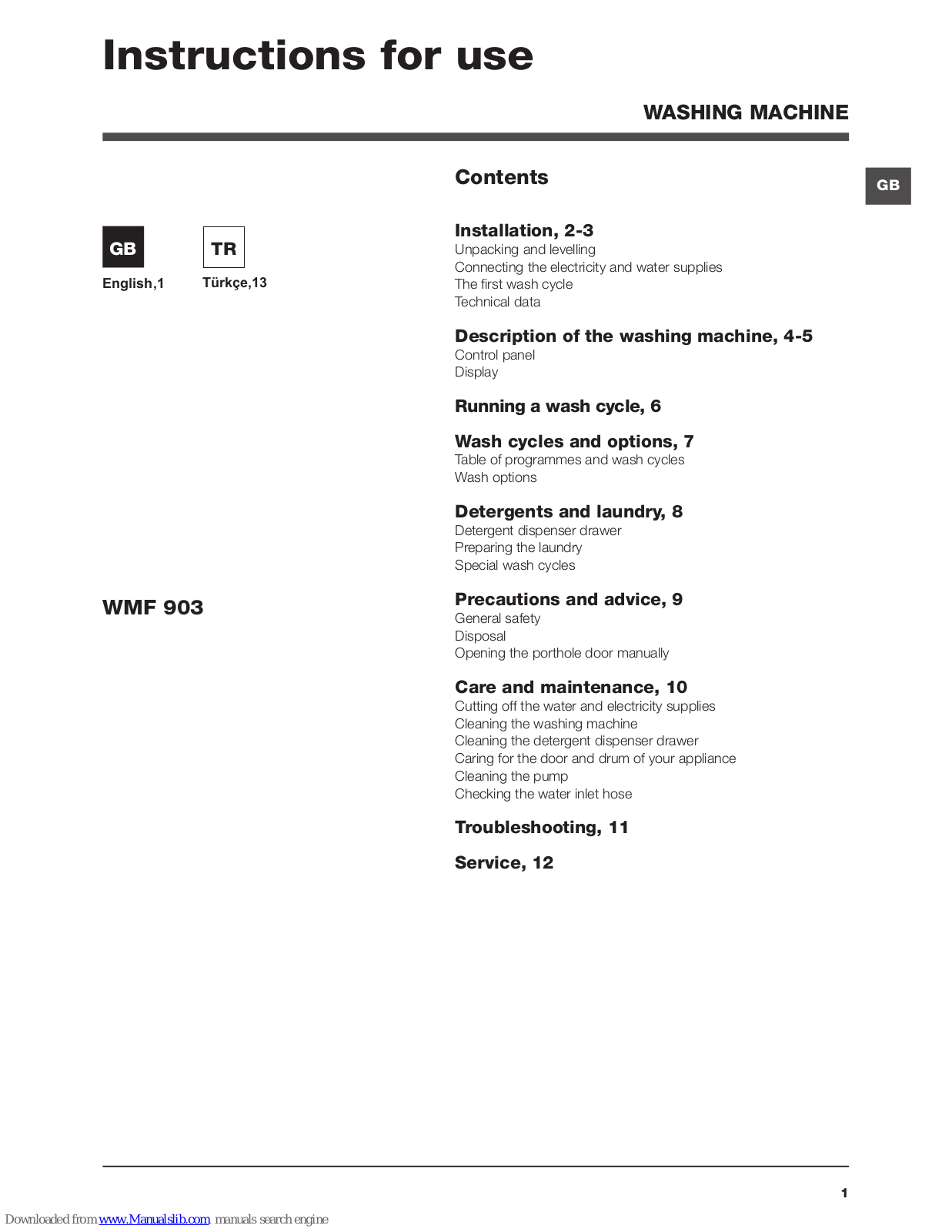 Hotpoint Ariston WMF 903 Instructions For Use Manual