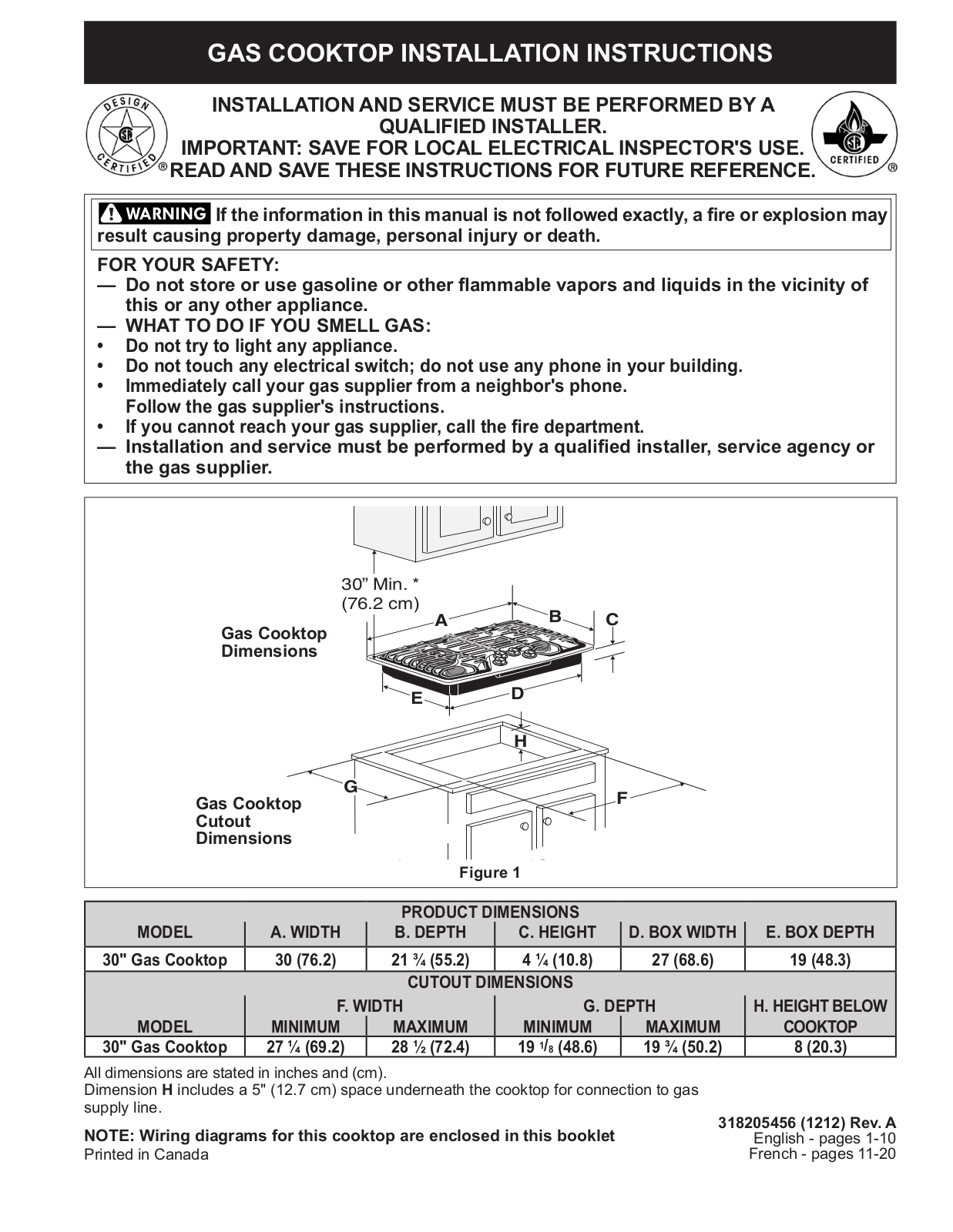 Frigidaire FPGC3087MS Installation Instructions