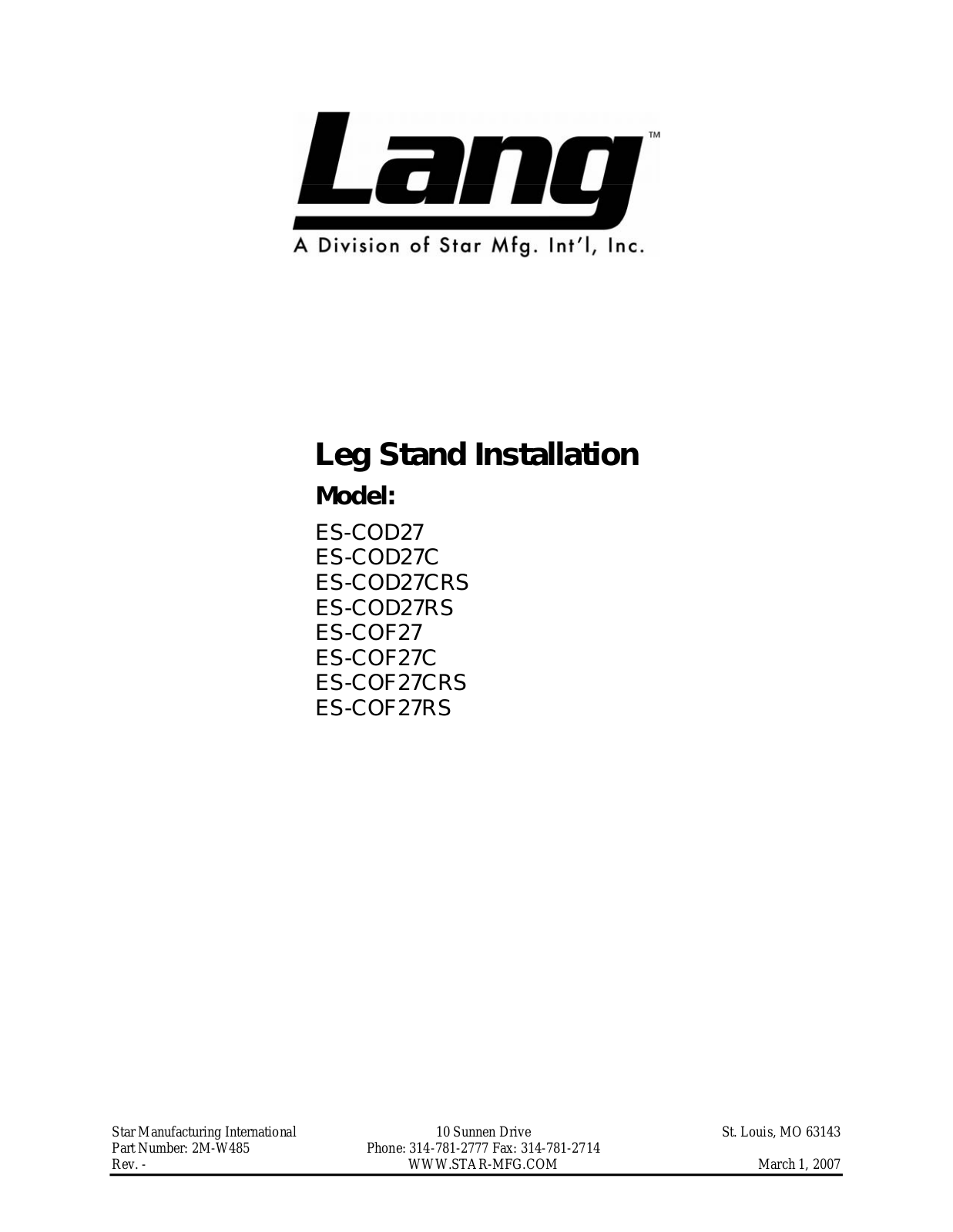 Lang Manufacturing ES-COD27RS Installation  Manual