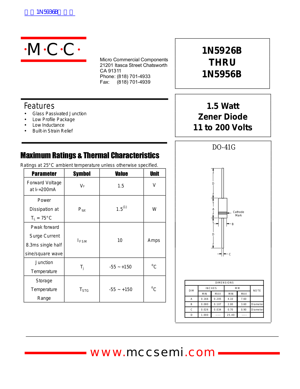 Micro Commercial Components 1N5926B, 1N5956B Technical data