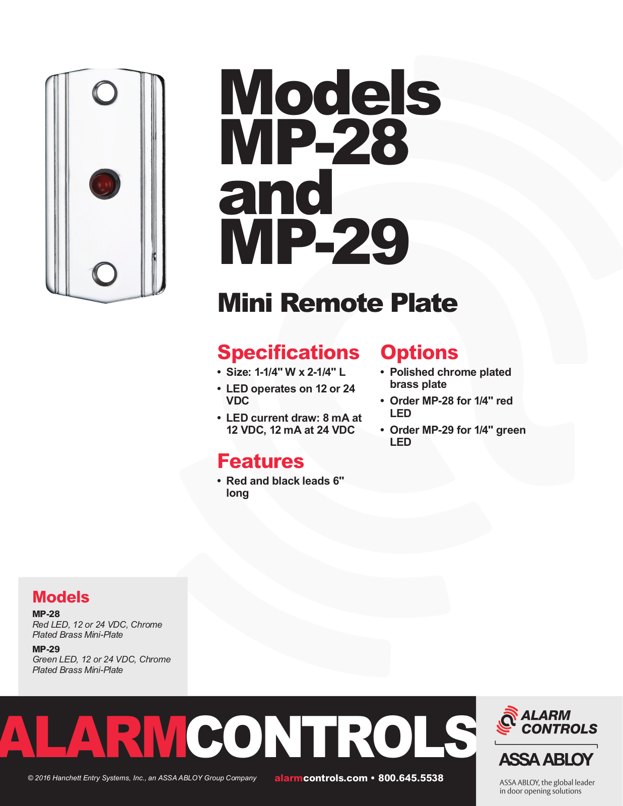 Alarm Controls MP-29, MP-28 Specsheet