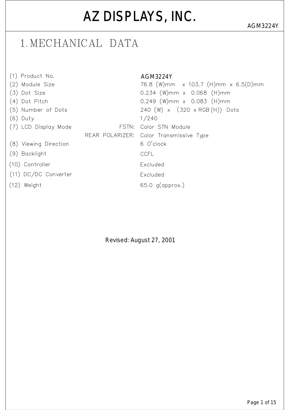 AZDIS AGM3224Y-NC-FBS-T, AGM3224Y-NC-FBD-T, AGM3224Y-MC-FBS-T, AGM3224Y-MC-FBD-T Datasheet