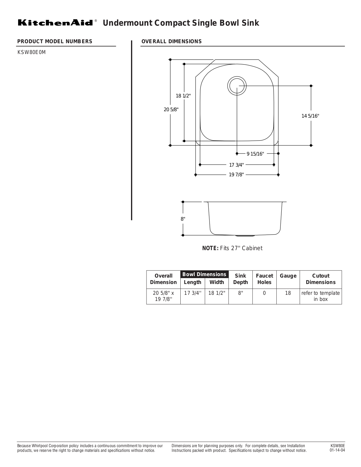 KitchenAid KSW80E0MMR Dimension Guide