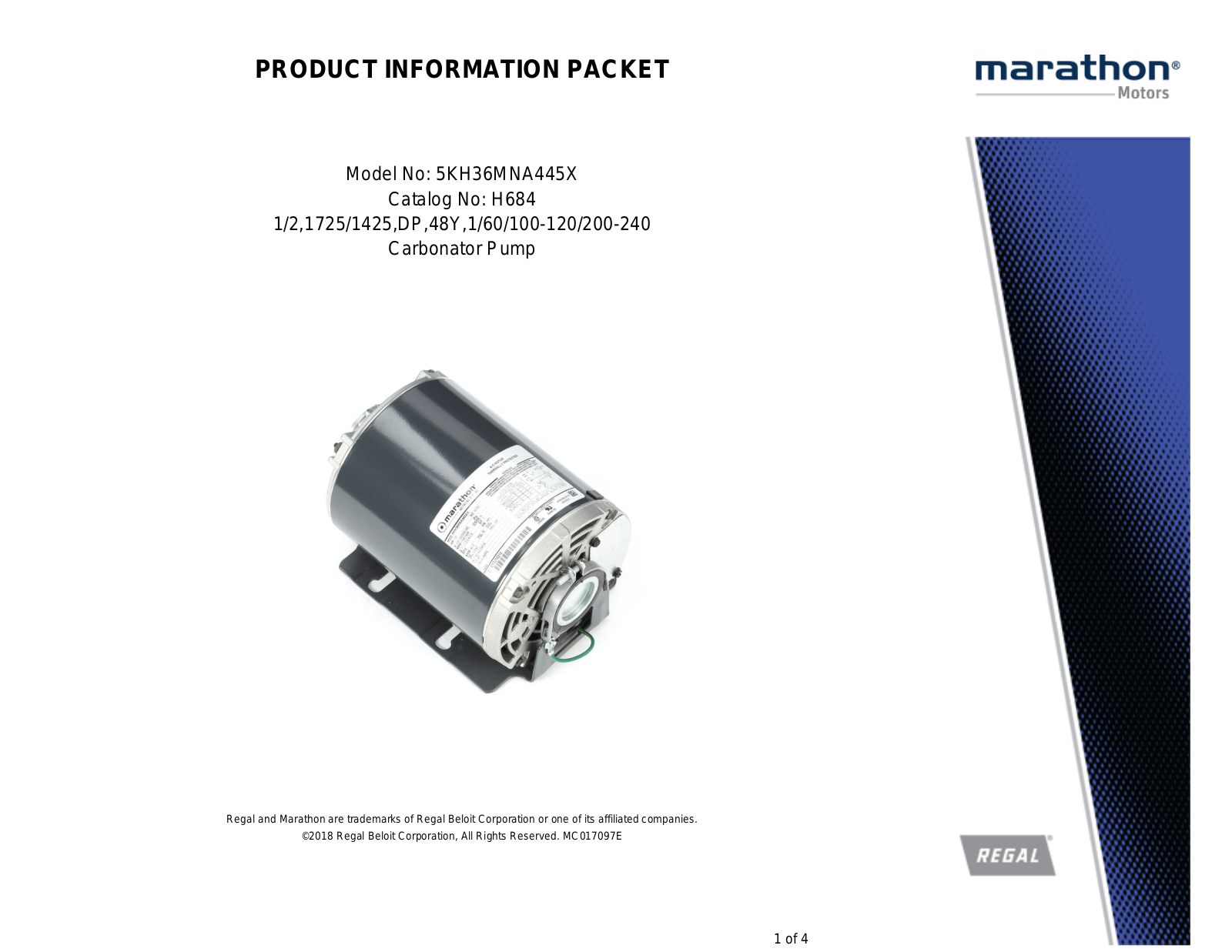 Marathon Electric 5KH36MNA445X Product Information Packet