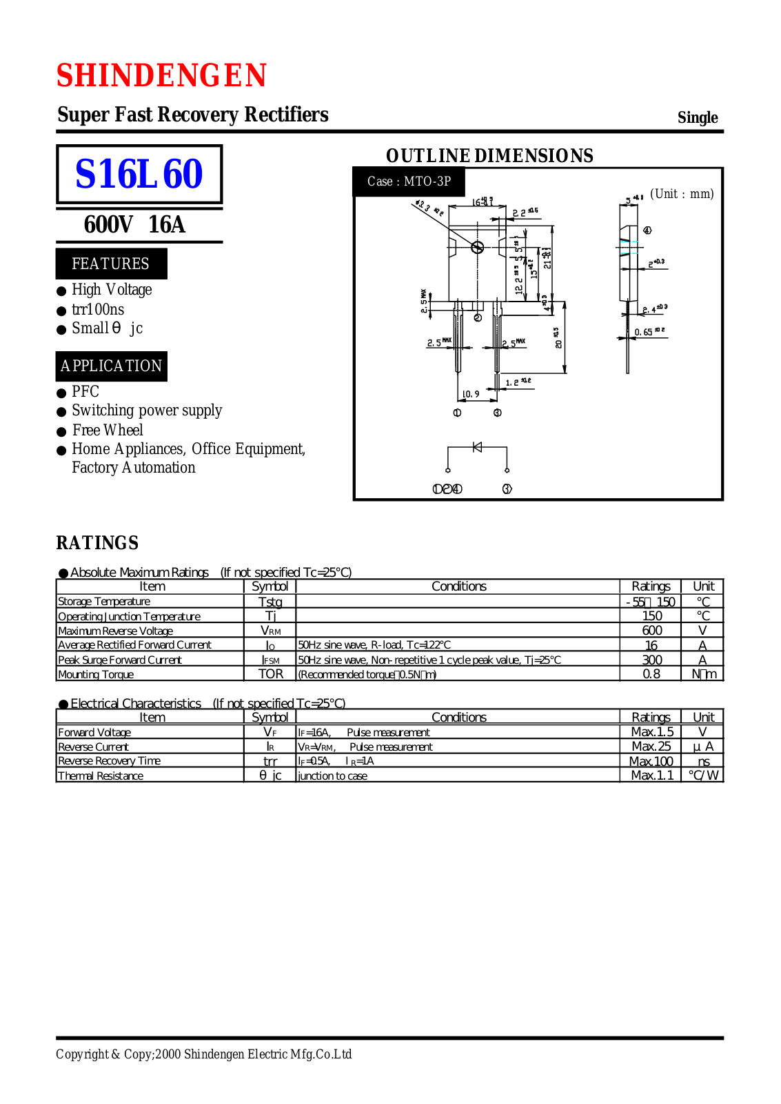 Shindengen Electric Manufacturing Company Ltd S16L60 Datasheet