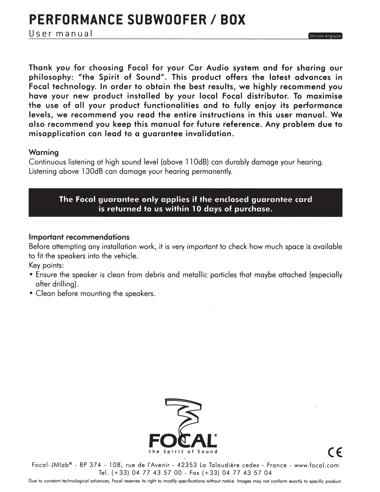 Focal Performance Sub P30 DB Specifications - ManualMachine.com