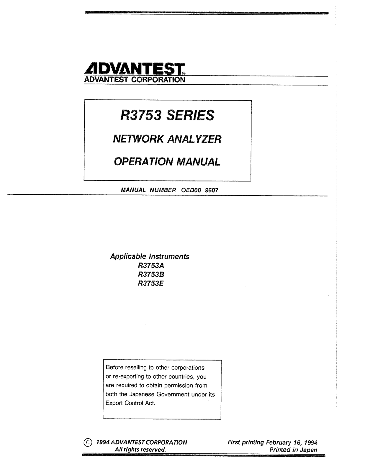 Advantest Corporation R37B3B, R3753E, R3753A User Manual